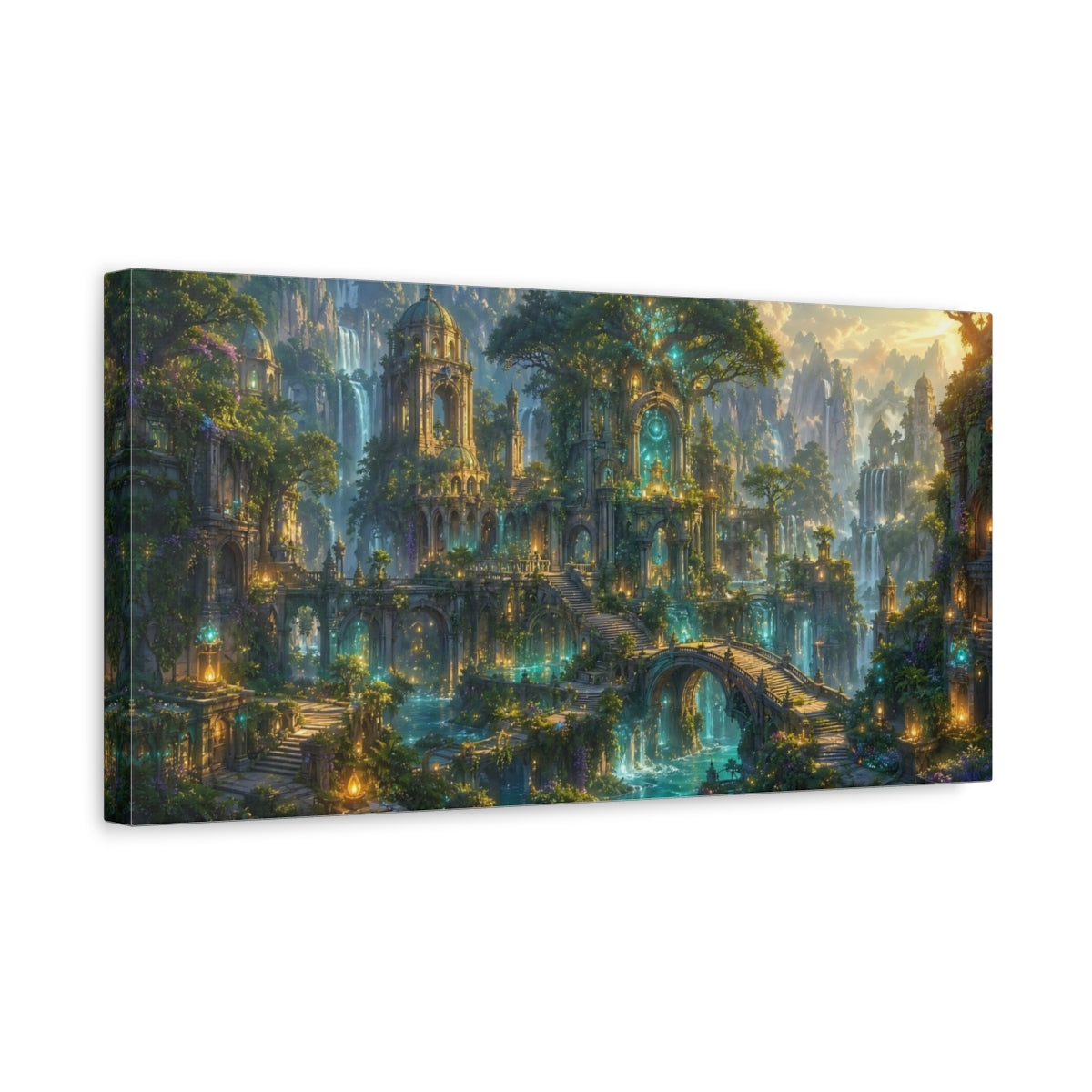 Side Mockup 3. Fairytale Enchanted City Enchanted City shown as stretched canvas wall art