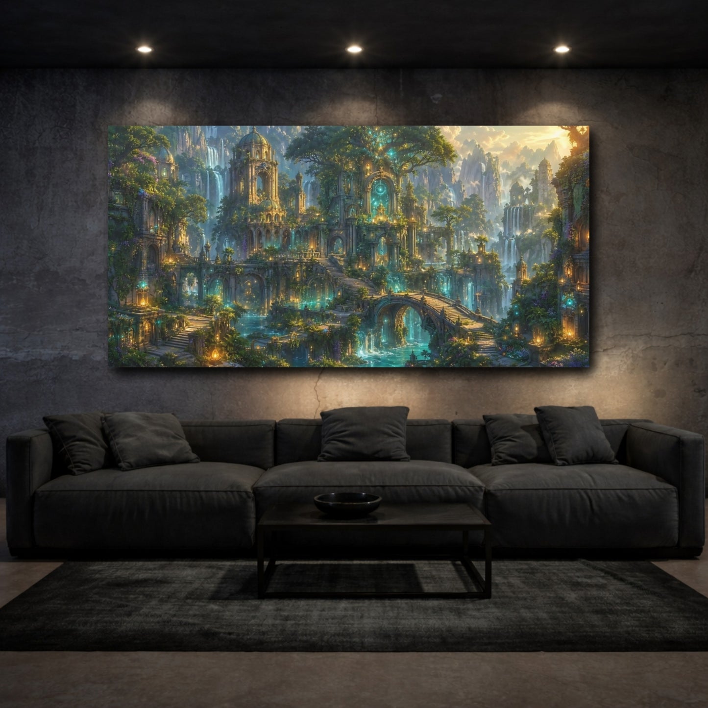 Mockup 2. Fairytale Enchanted City Enchanted City shown as stretched canvas wall art