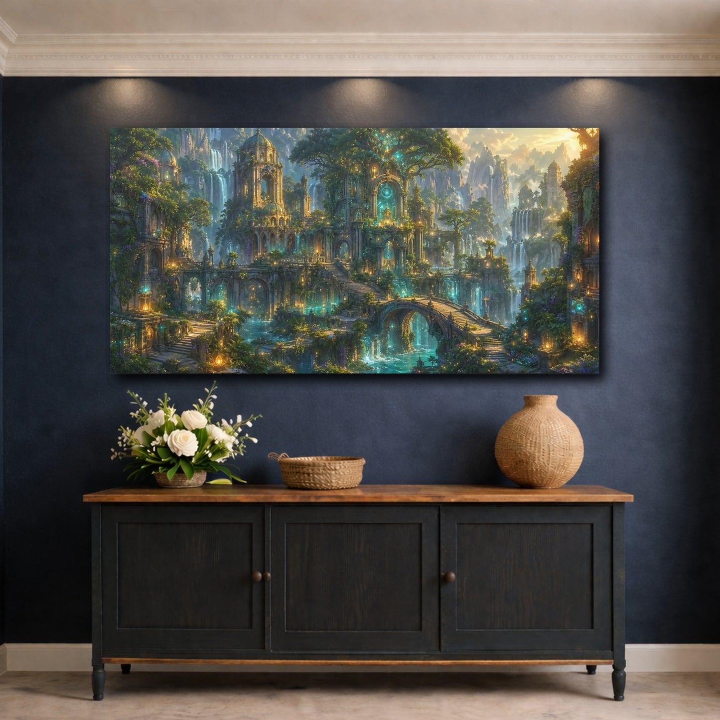 Mockup 4. Fairytale Enchanted City Enchanted City shown as stretched canvas wall art