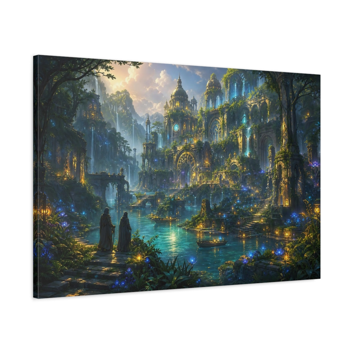 Main Mockup. Fairytale Enchanted City Fantasy Green Blue shown as stretched canvas wall art