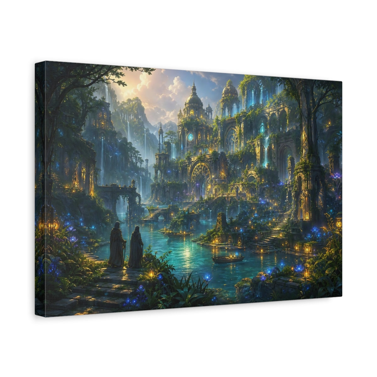 Side Mockup 4. Fairytale Enchanted City Fantasy Green Blue shown as stretched canvas wall art