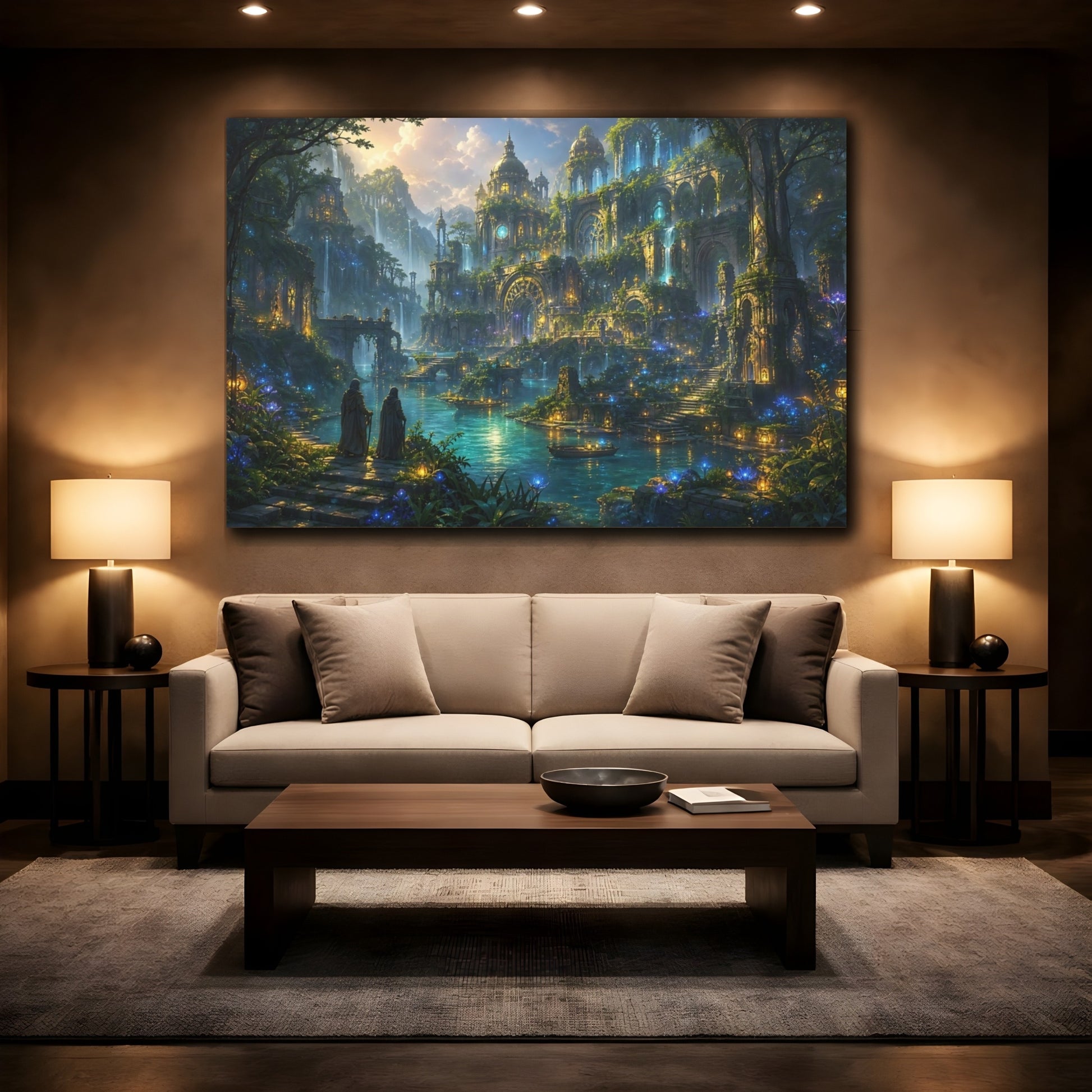 Mockup 2. Fairytale Enchanted City Fantasy Green Blue shown as stretched canvas wall art