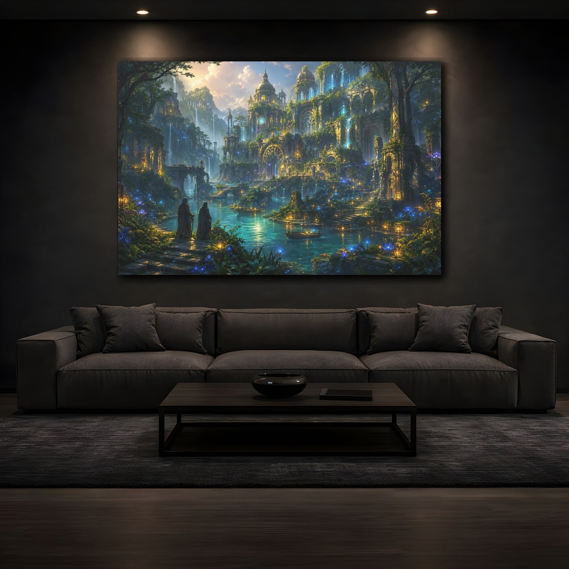 Mockup 3. Fairytale Enchanted City Fantasy Green Blue shown as stretched canvas wall art