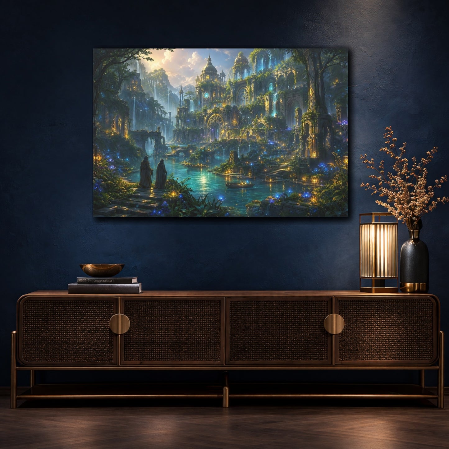 Mockup 4. Fairytale Enchanted City Fantasy Green Blue shown as stretched canvas wall art