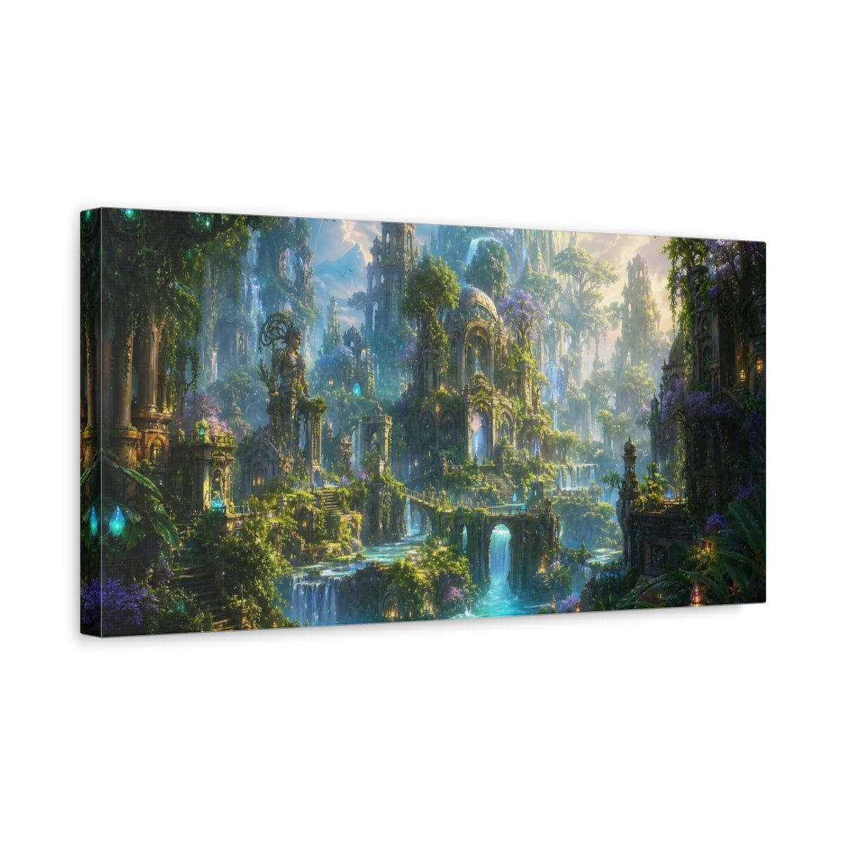 Side Mockup 3. Fairytale Enchanted City Green And Blue Fantasy shown as stretched canvas wall art