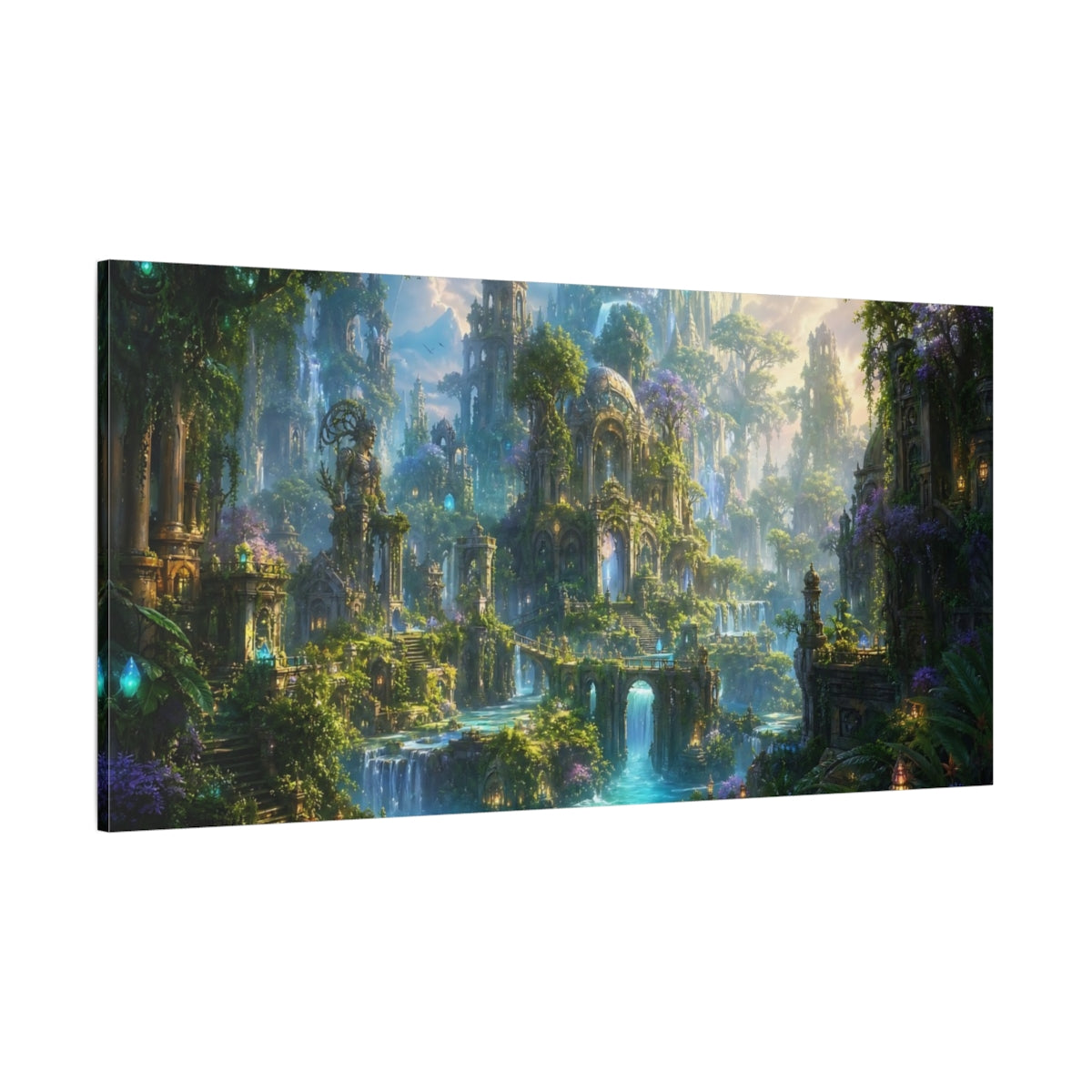 Side Mockup 2. Fairytale Enchanted City Green And Blue Fantasy shown as stretched canvas wall art