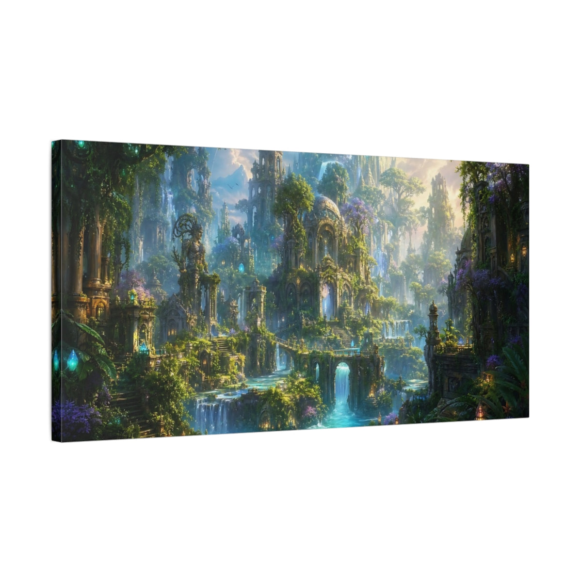 Side Mockup 1. Fairytale Enchanted City Green And Blue Fantasy shown as stretched canvas wall art