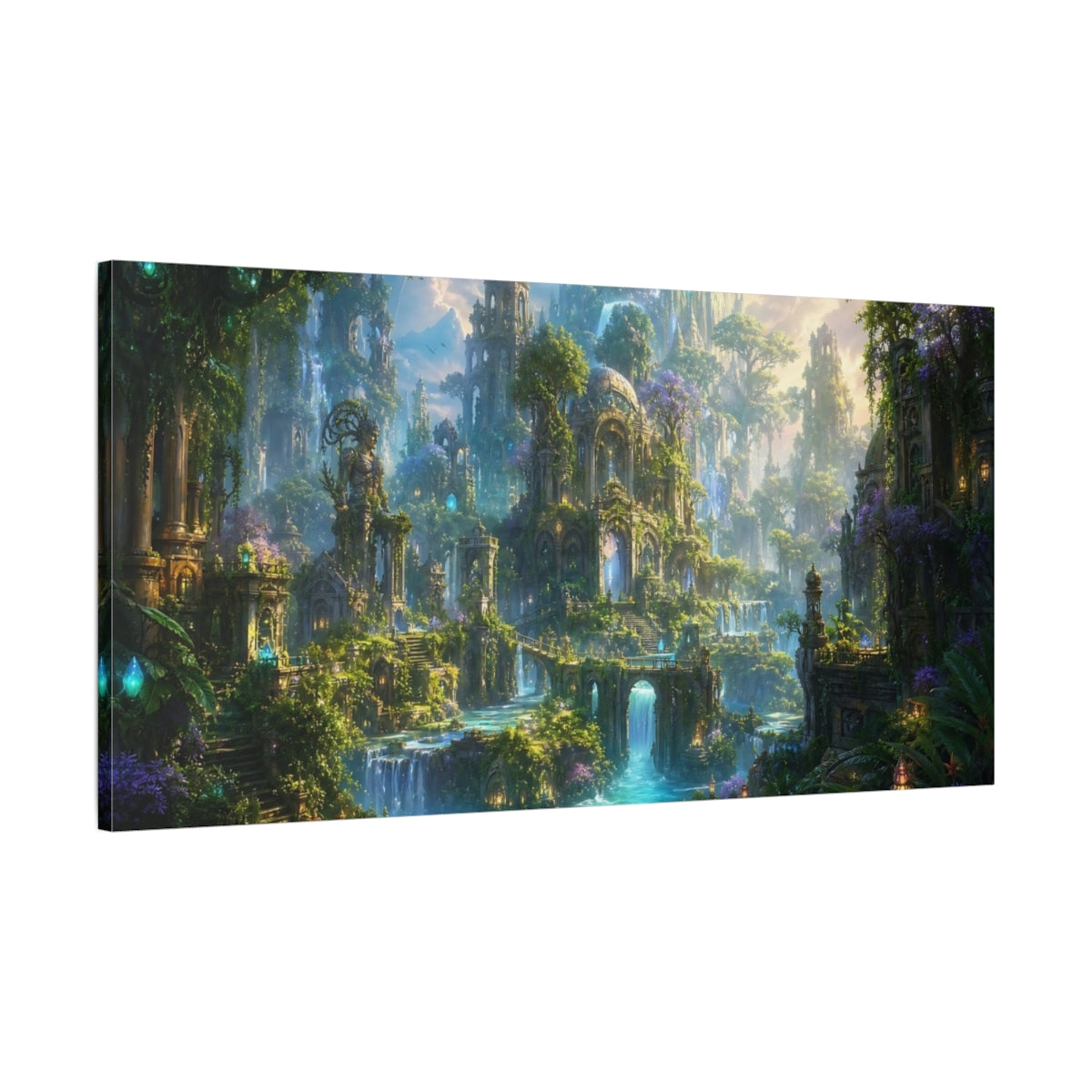 Main Mockup. Fairytale Enchanted City Green And Blue Fantasy shown as stretched canvas wall art