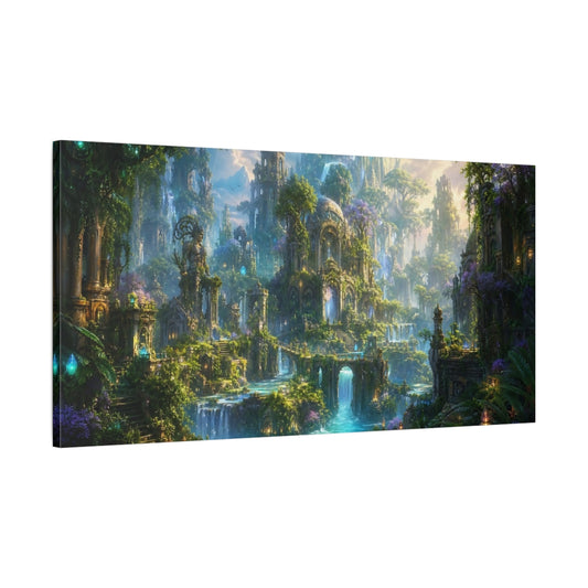 Main Mockup. Fairytale Enchanted City Green And Blue Fantasy shown as stretched canvas wall art