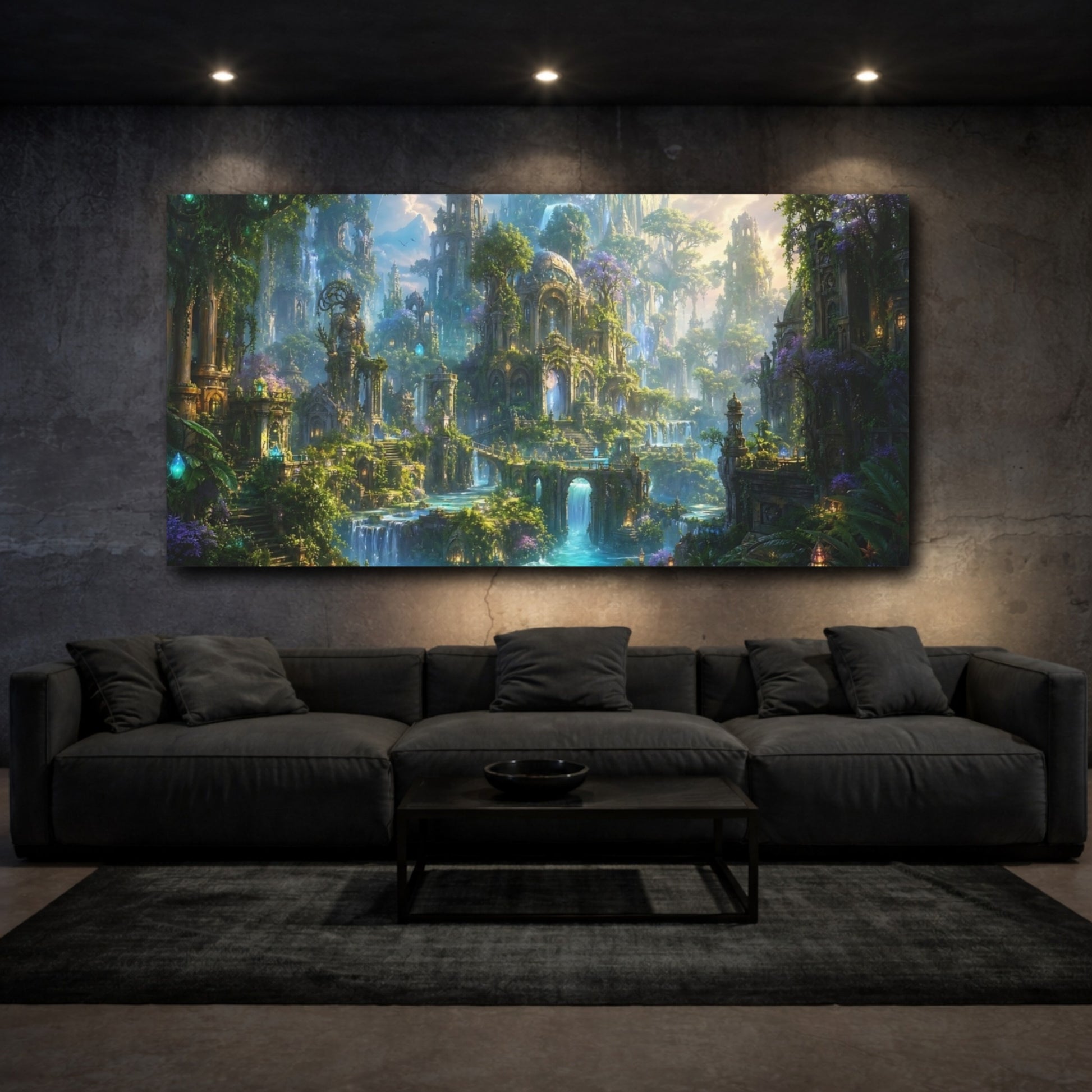 Mockup 2. Fairytale Enchanted City Green And Blue Fantasy shown as stretched canvas wall art