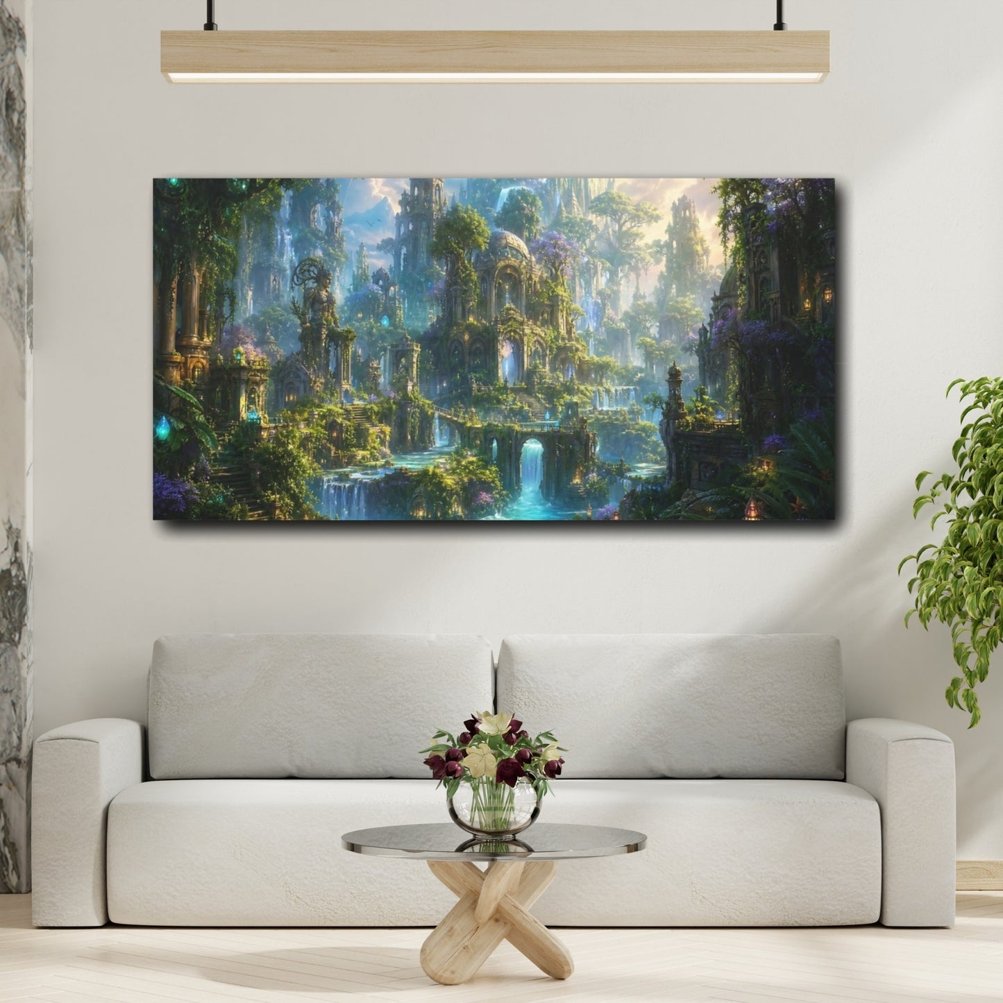 Mockup 3. Fairytale Enchanted City Green And Blue Fantasy shown as stretched canvas wall art