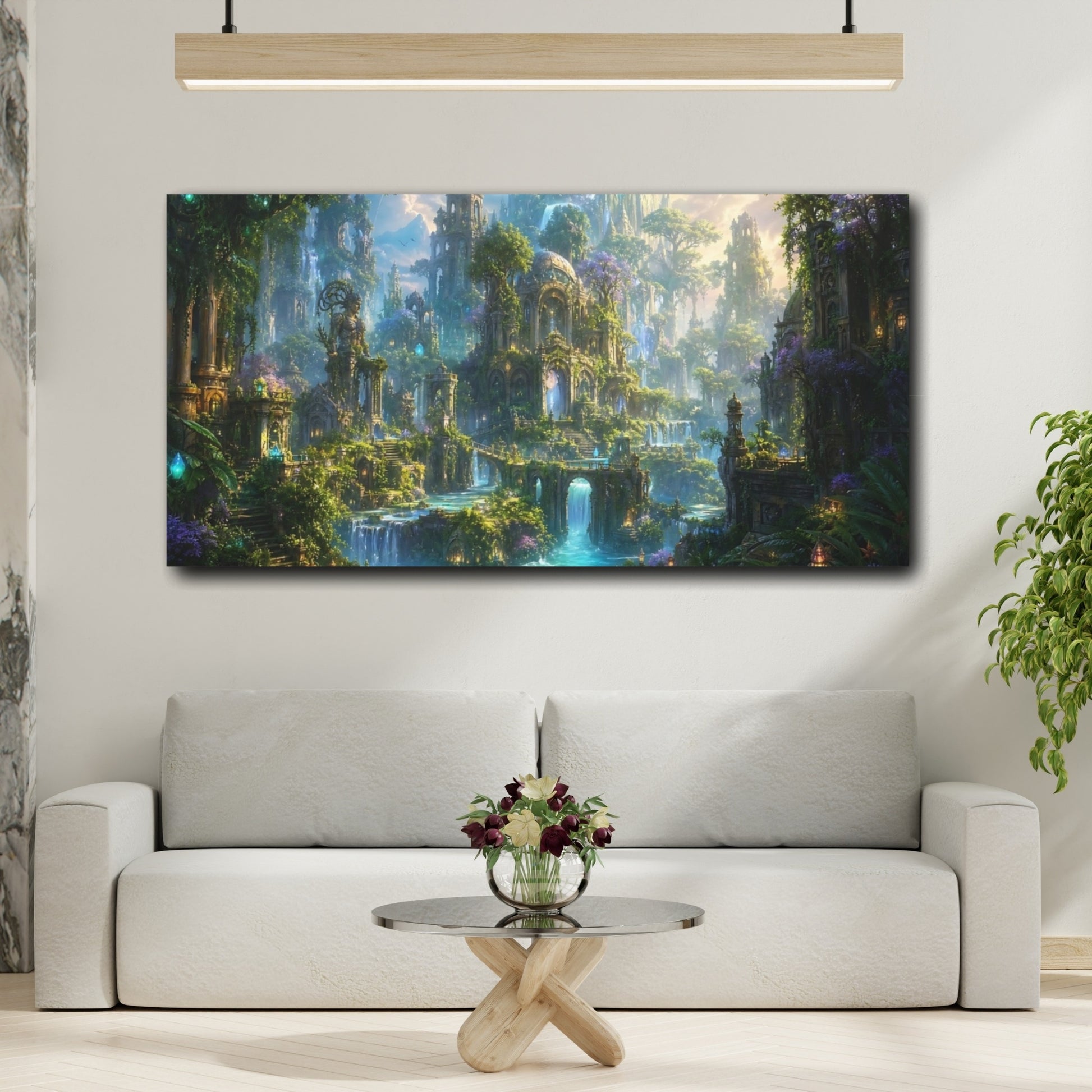 Mockup 3. Fairytale Enchanted City Green And Blue Fantasy shown as stretched canvas wall art