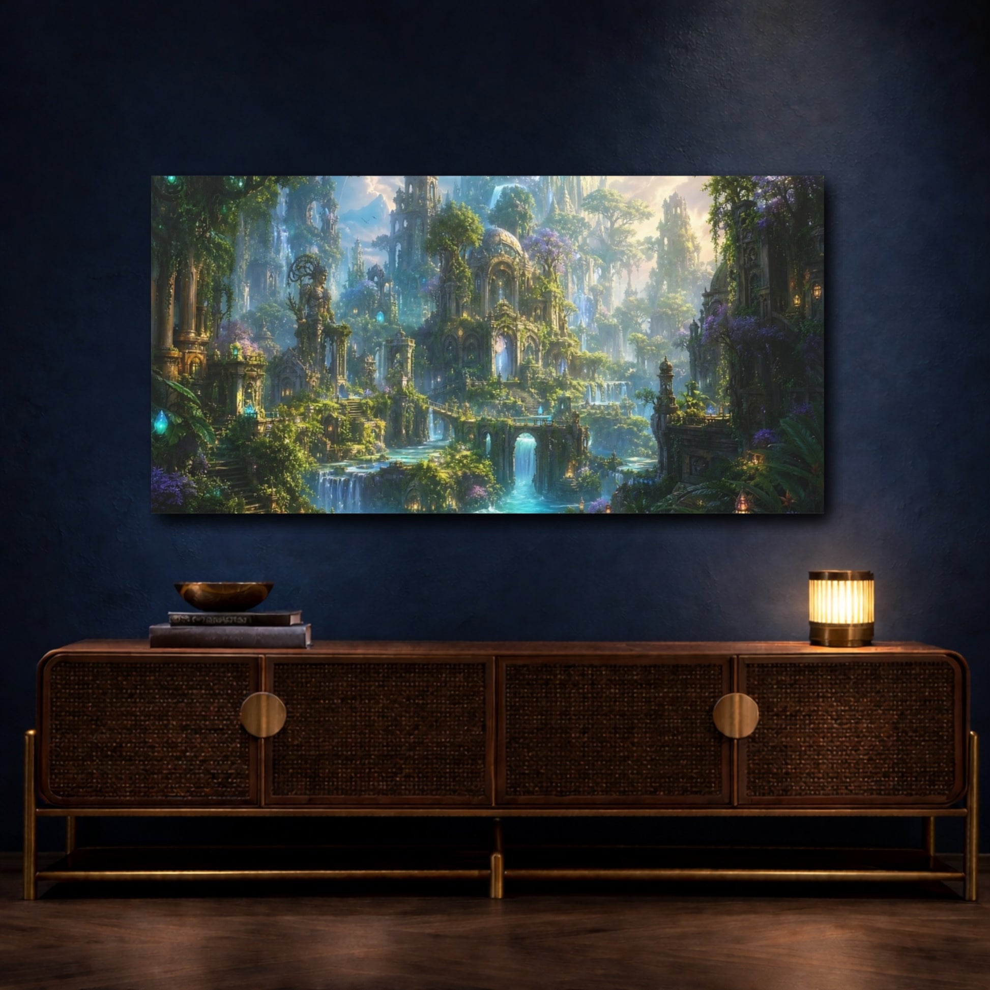 Mockup 4. Fairytale Enchanted City Green And Blue Fantasy shown as stretched canvas wall art