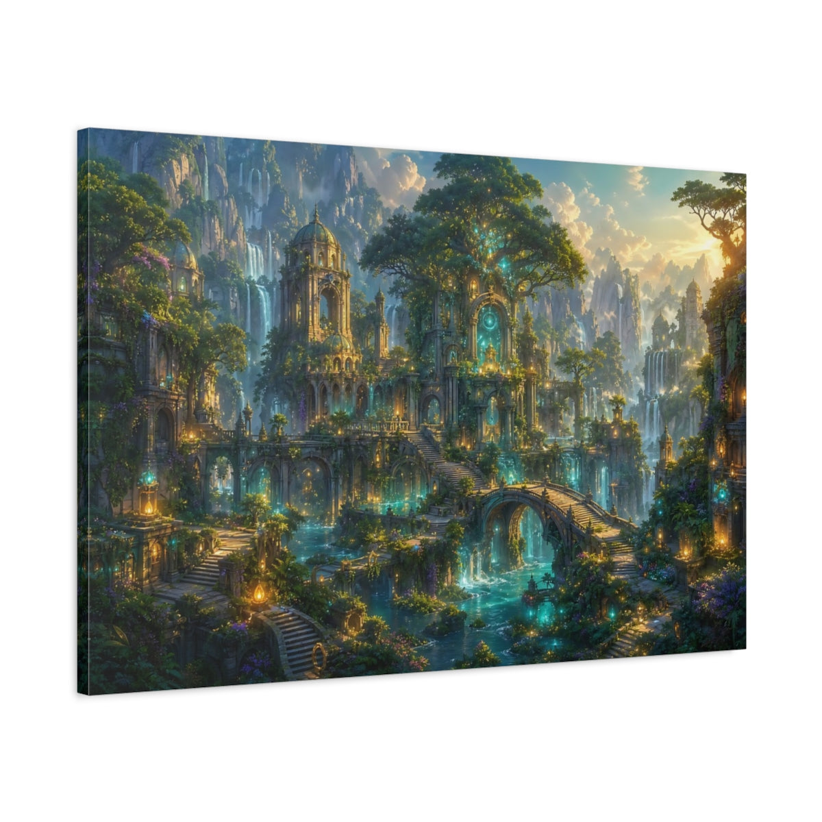 Main Mockup. Fairytale Enchanted City Green And Gold shown as stretched canvas wall art