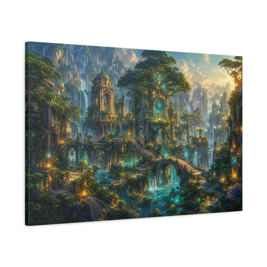 Main Mockup. Fairytale Enchanted City Green And Gold shown as stretched canvas wall art