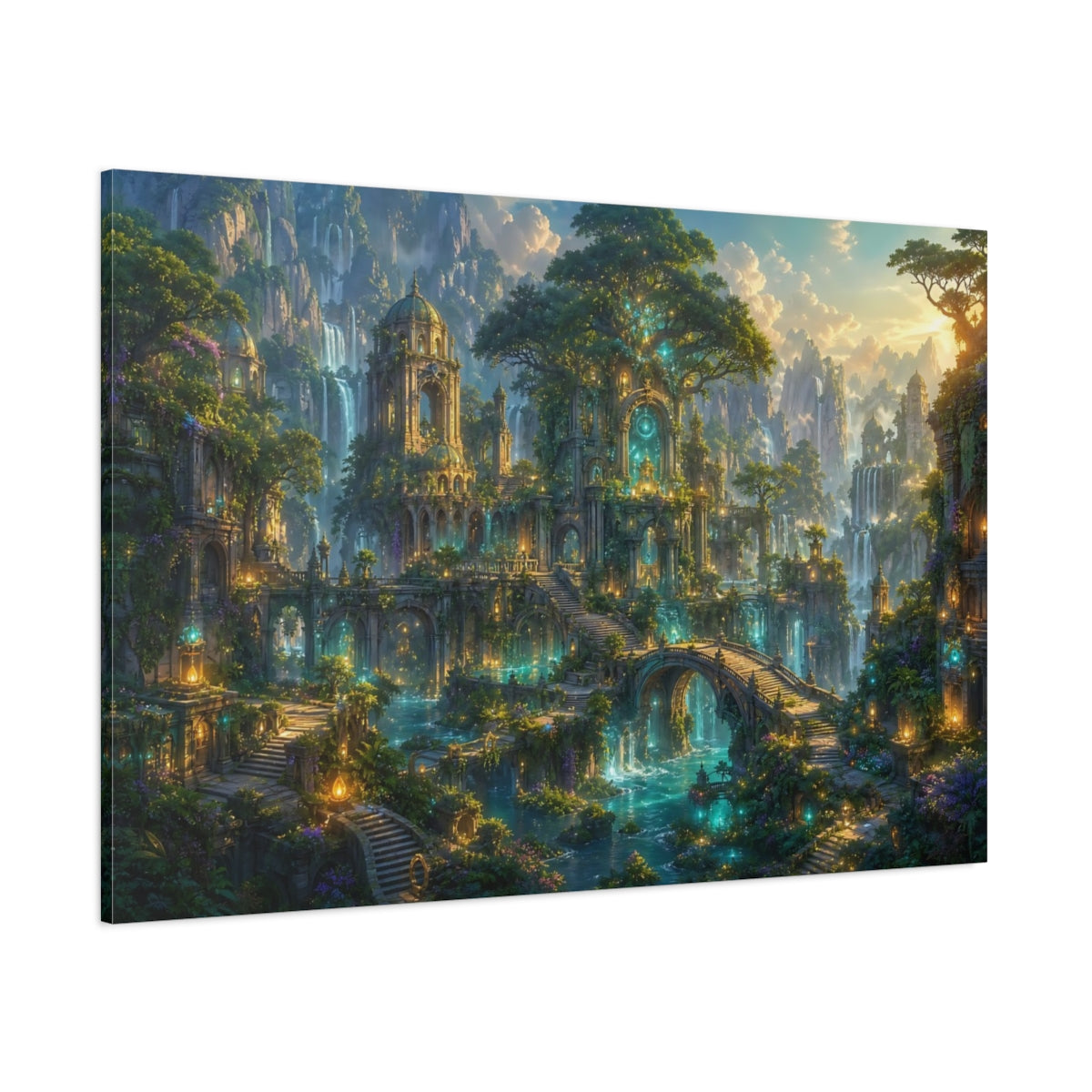 Side Mockup 1. Fairytale Enchanted City Green And Gold shown as stretched canvas wall art