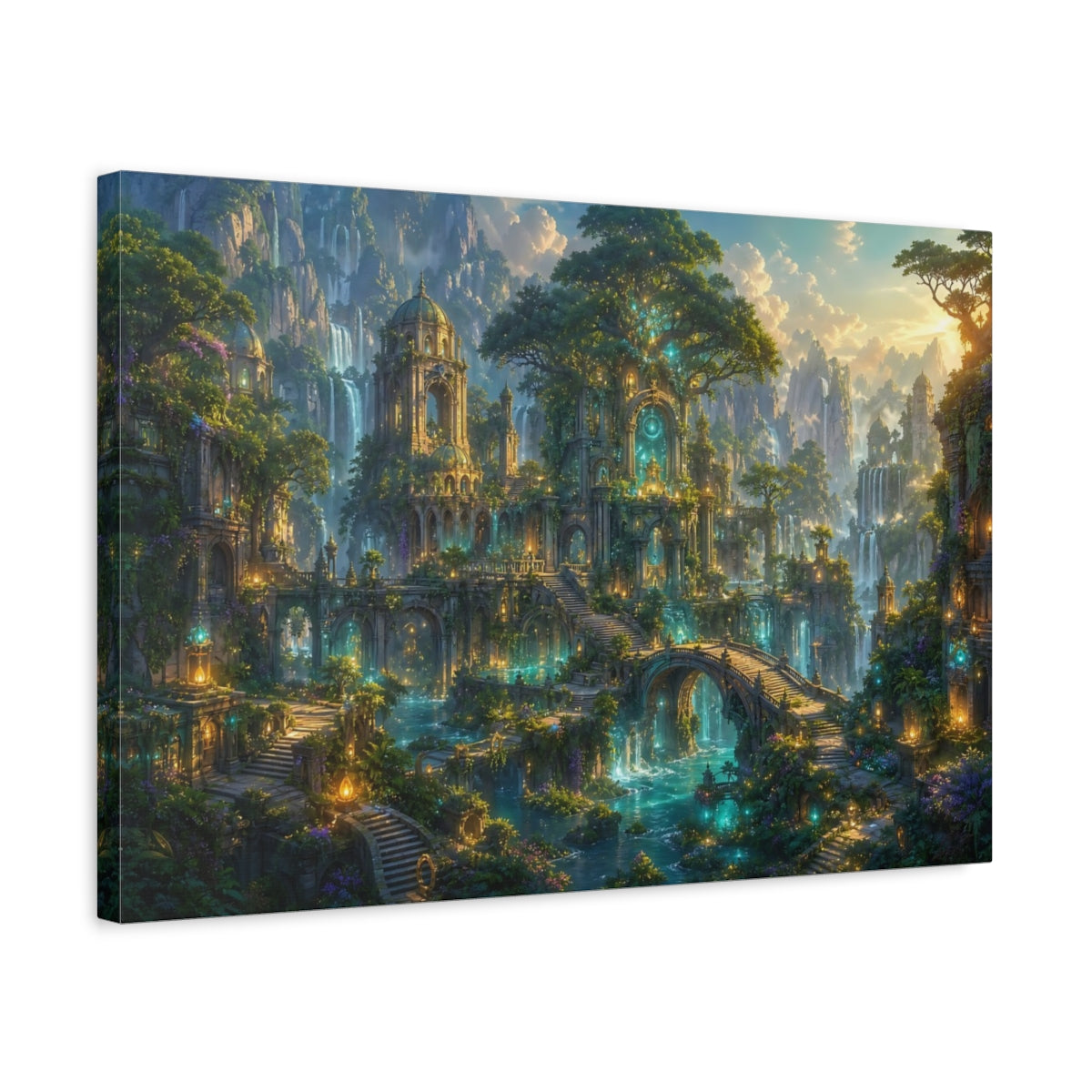 Side Mockup 3. Fairytale Enchanted City Green And Gold shown as stretched canvas wall art