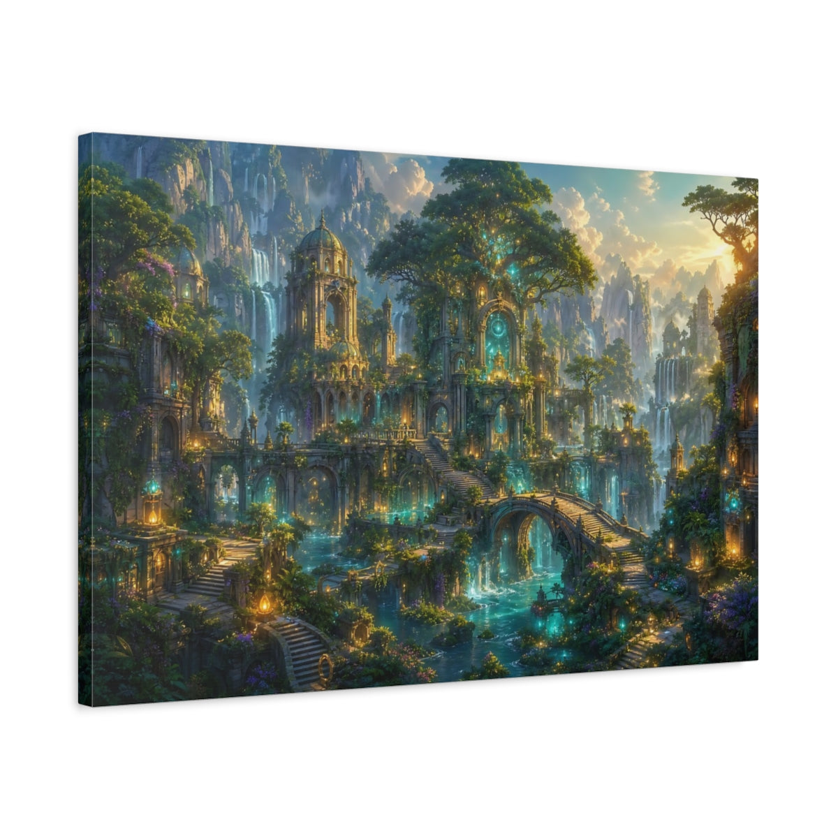 Side Mockup 2. Fairytale Enchanted City Green And Gold shown as stretched canvas wall art