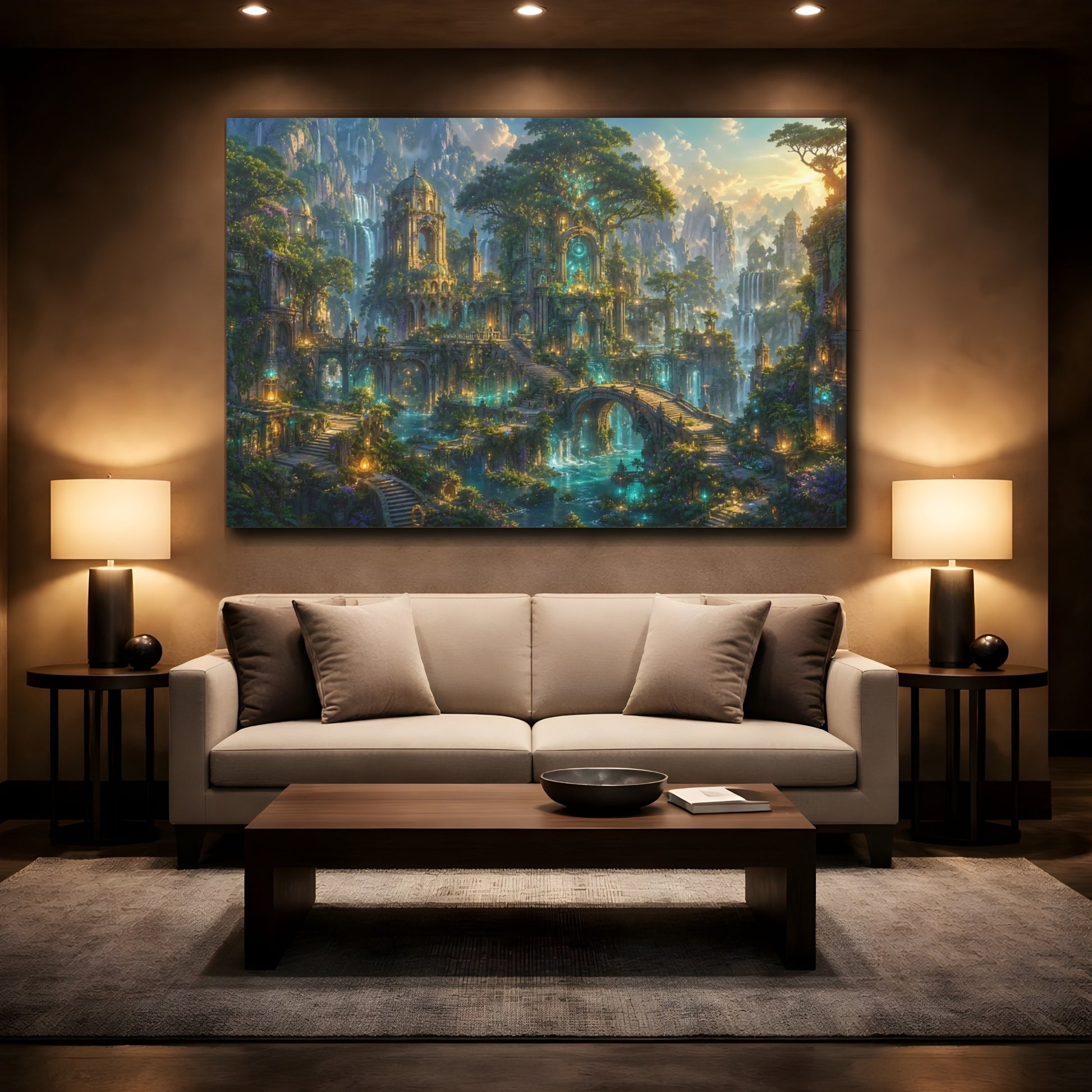 Mockup 2. Fairytale Enchanted City Green And Gold shown as stretched canvas wall art
