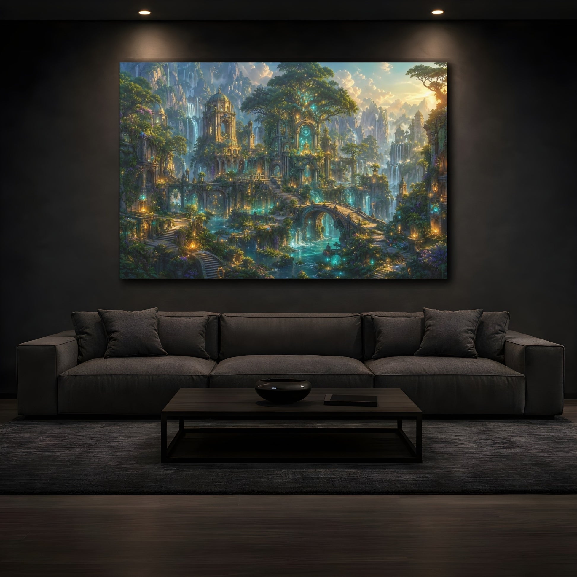 Mockup 3. Fairytale Enchanted City Green And Gold shown as stretched canvas wall art