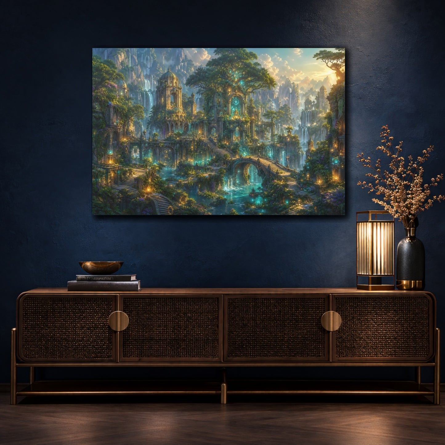 Mockup 4. Fairytale Enchanted City Green And Gold shown as stretched canvas wall art