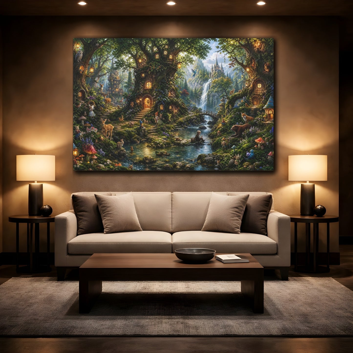 Mockup 2. Fairytale Enchanted Forest Enchanted Forest Green shown as stretched canvas wall art
