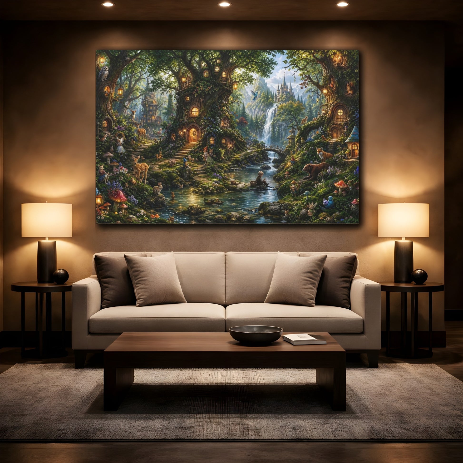 Mockup 2. Fairytale Enchanted Forest Enchanted Forest Green shown as stretched canvas wall art
