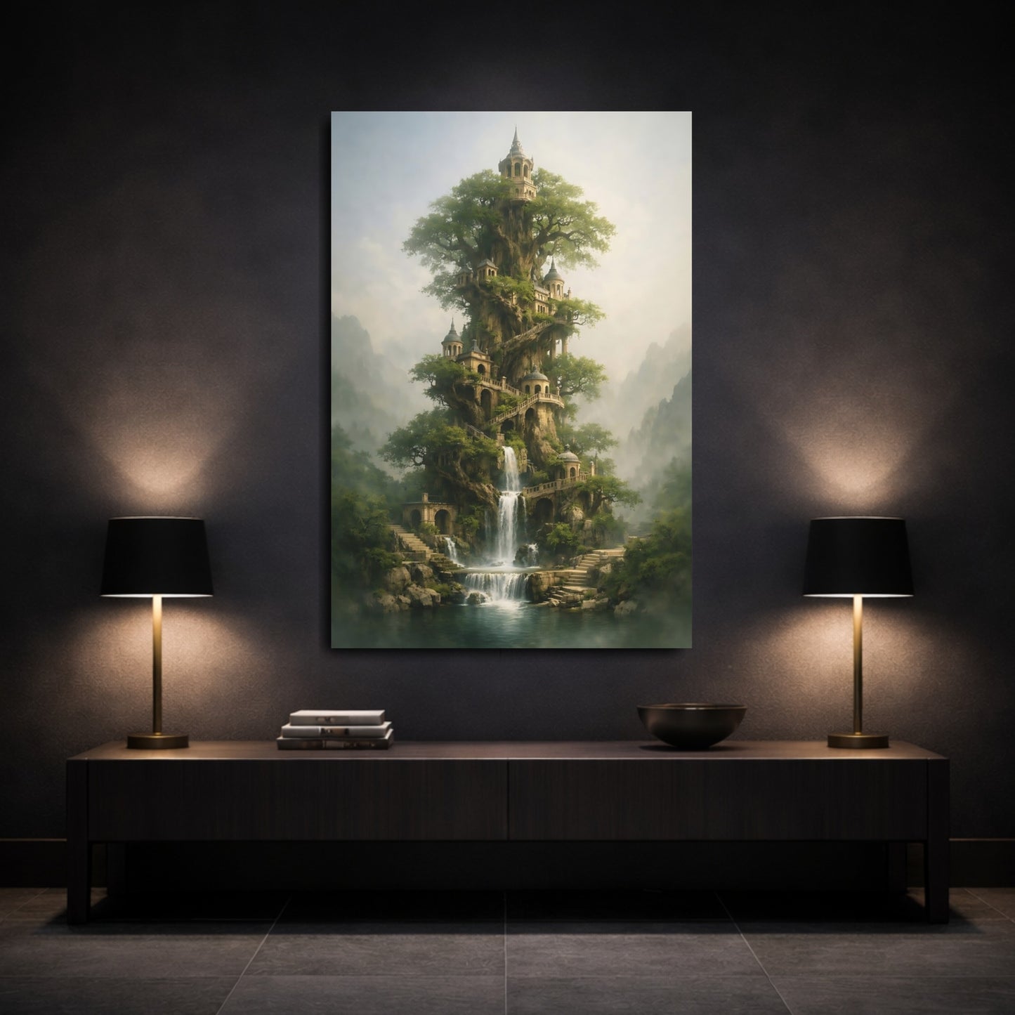 Mockup 2. Fairytale Enchanted Tree Green Fantasy Landscape shown as stretched canvas wall art