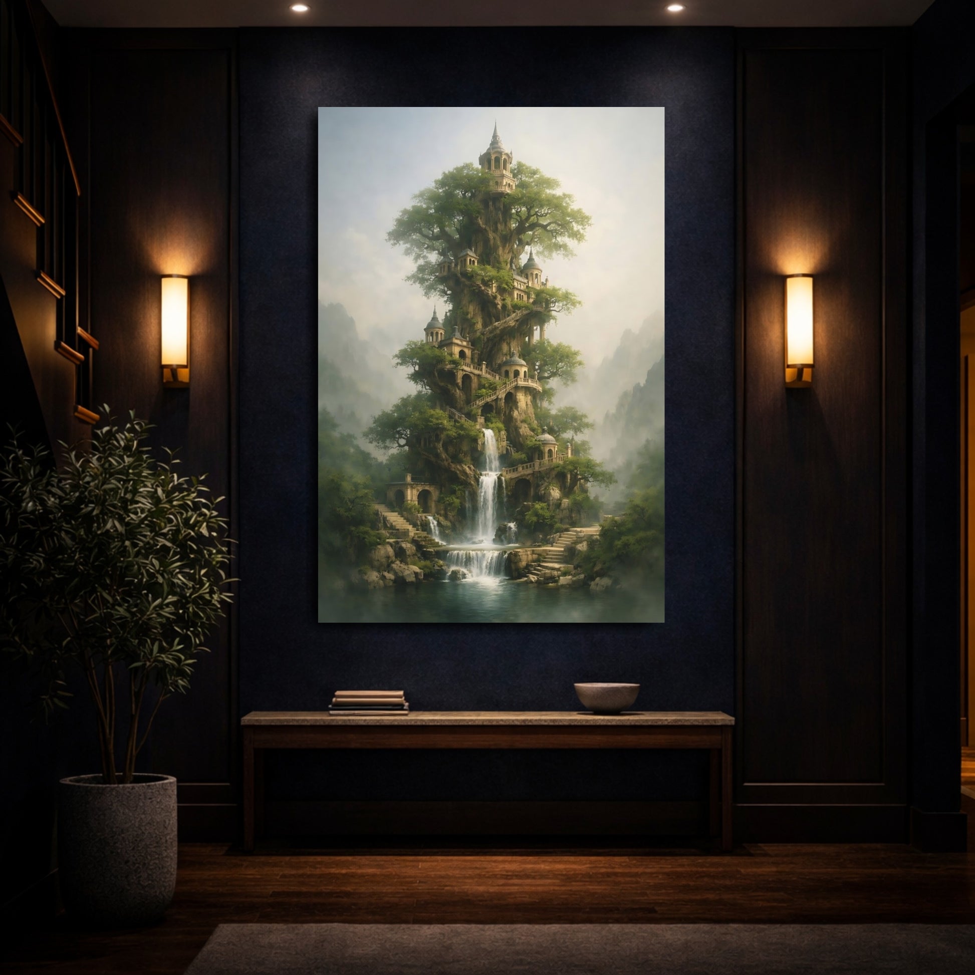 Mockup 3. Fairytale Enchanted Tree Green Fantasy Landscape shown as stretched canvas wall art