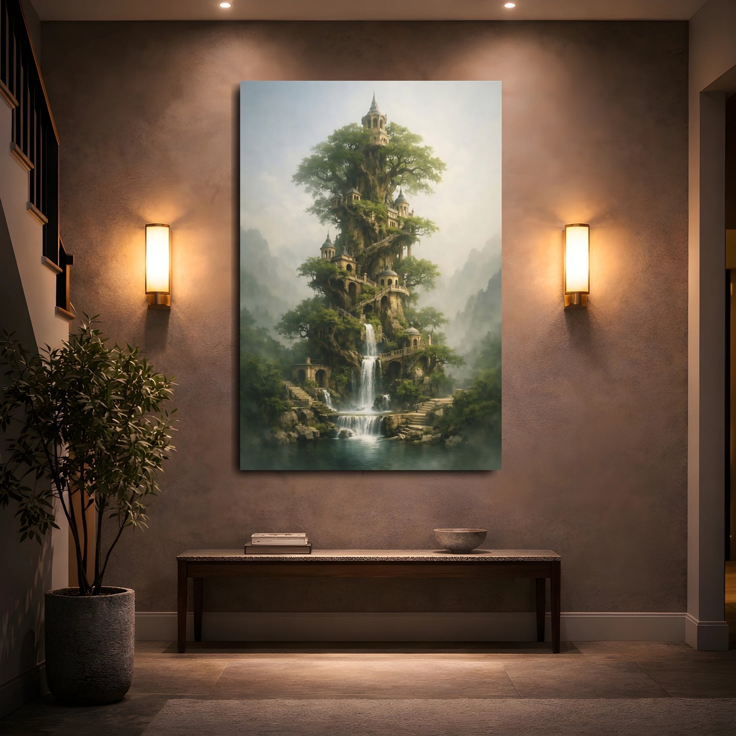 Mockup 4. Fairytale Enchanted Tree Green Fantasy Landscape shown as stretched canvas wall art