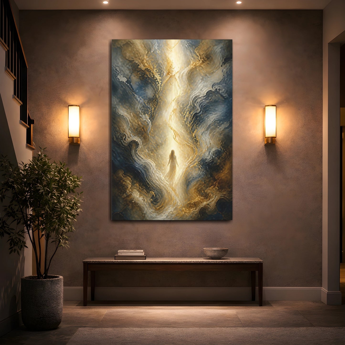 Mockup 2. Fairytale Ethereal Figure Fairytale Gold Blue shown as stretched canvas wall art