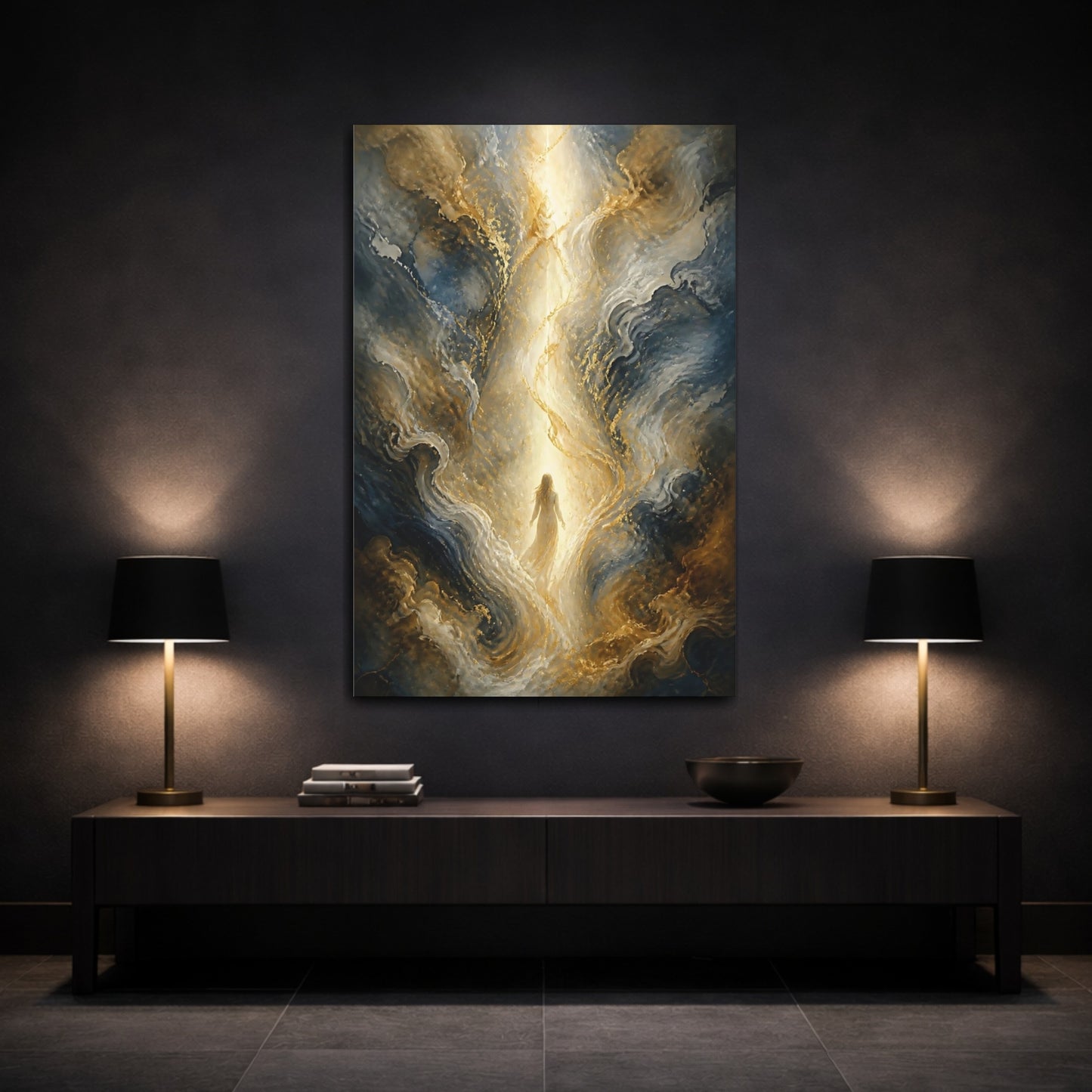 Mockup 3. Fairytale Ethereal Figure Fairytale Gold Blue shown as stretched canvas wall art