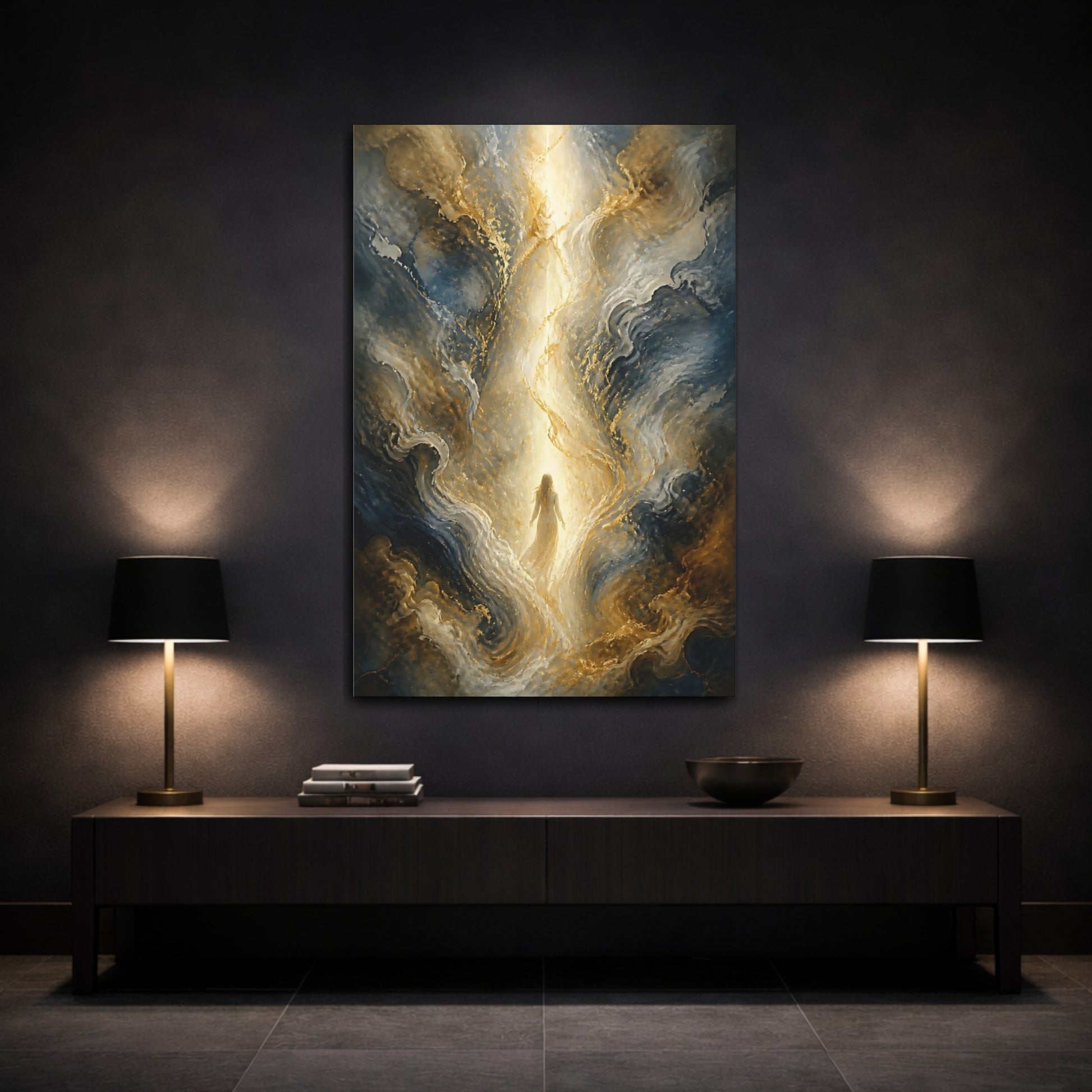 Mockup 3. Fairytale Ethereal Figure Fairytale Gold Blue shown as stretched canvas wall art