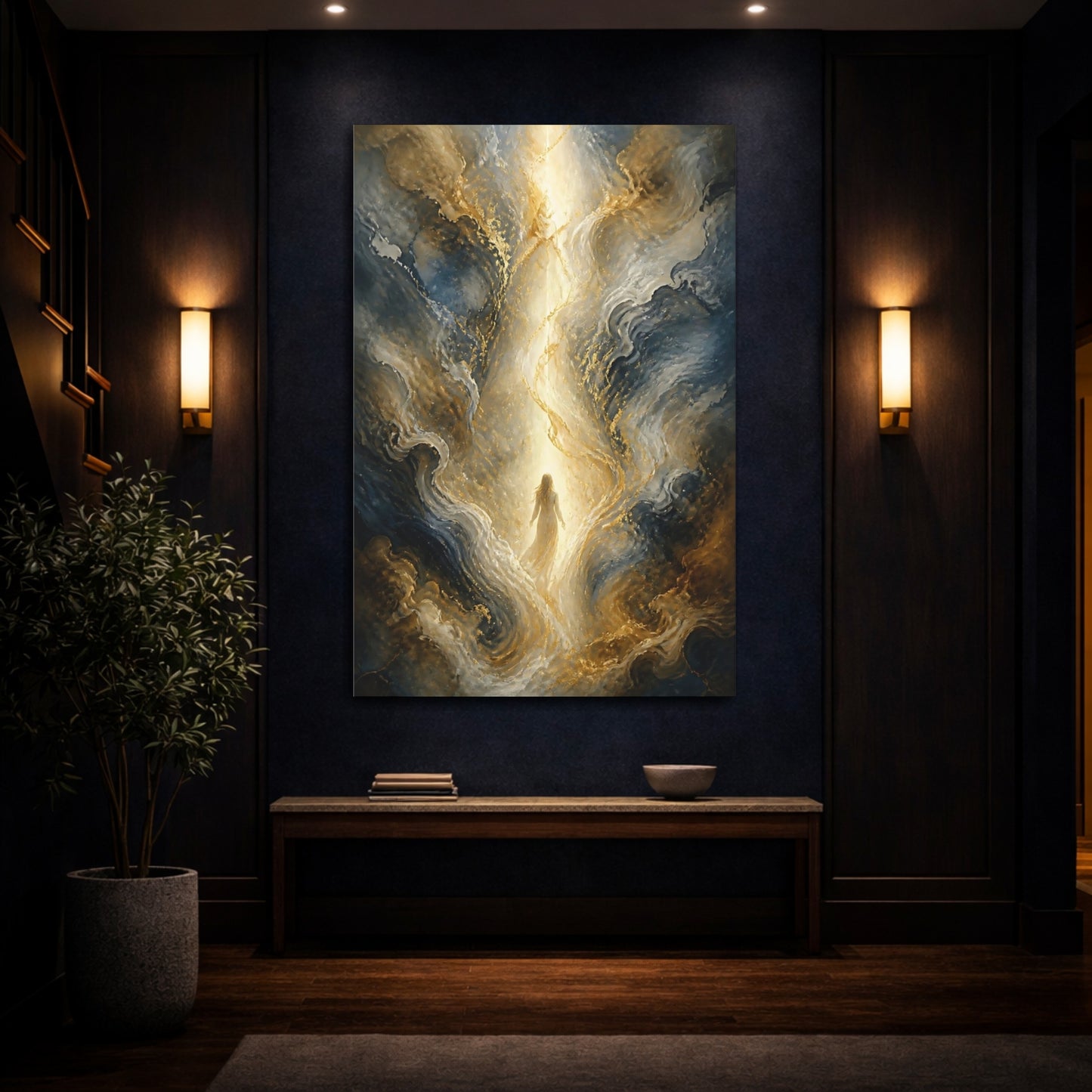 Mockup 4. Fairytale Ethereal Figure Fairytale Gold Blue shown as stretched canvas wall art