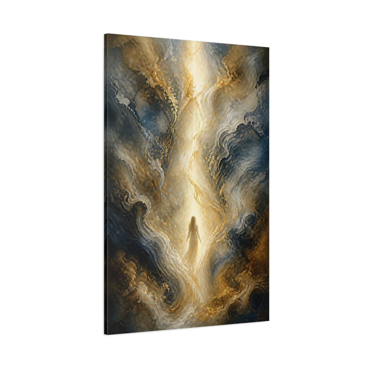 Side Mockup 1. Fairytale Ethereal Figure Fairytale Gold Blue shown as stretched canvas wall art