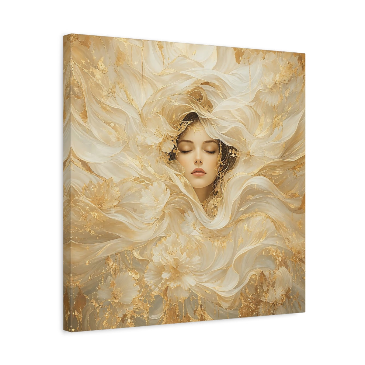 Side Mockup 5. Fairytale Ethereal Woman Golden White Woman shown as stretched canvas wall art