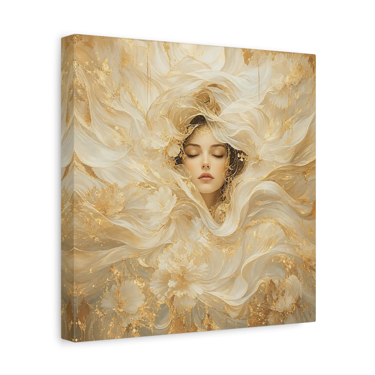 Side Mockup 8. Fairytale Ethereal Woman Golden White Woman shown as stretched canvas wall art