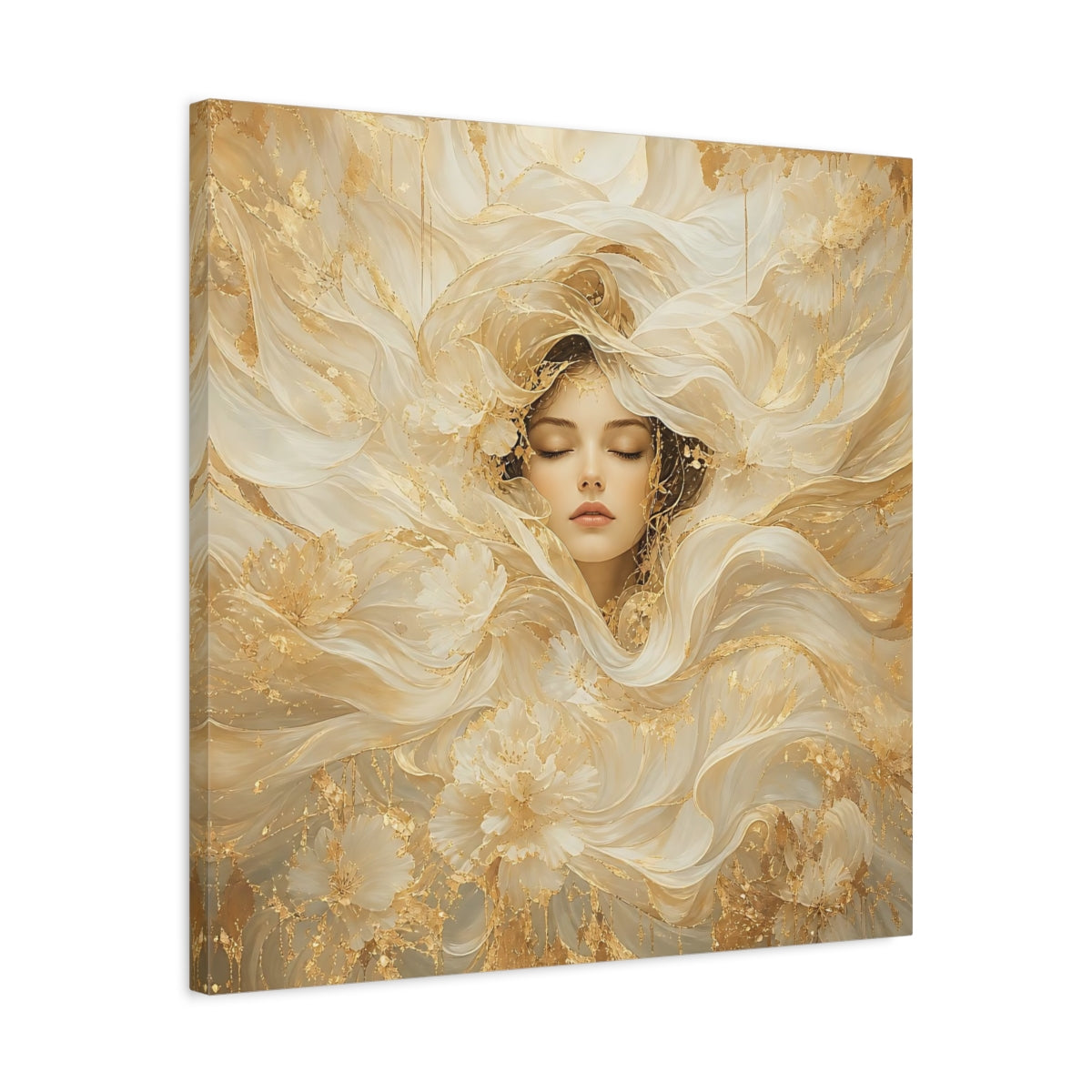 Side Mockup 4. Fairytale Ethereal Woman Golden White Woman shown as stretched canvas wall art