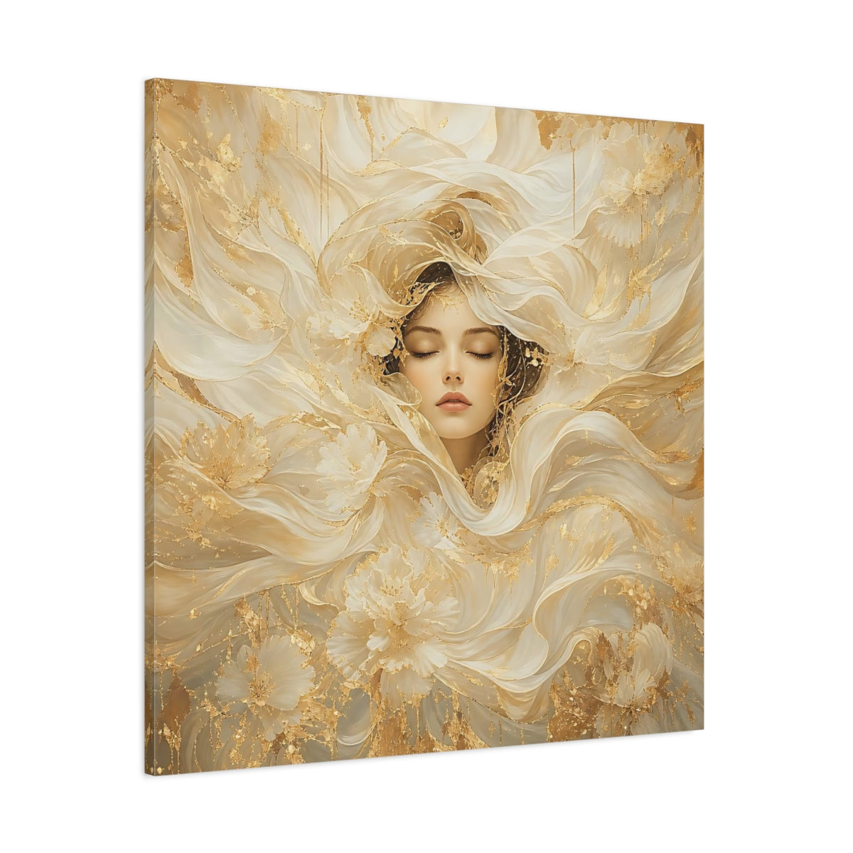 Side Mockup 1. Fairytale Ethereal Woman Golden White Woman shown as stretched canvas wall art