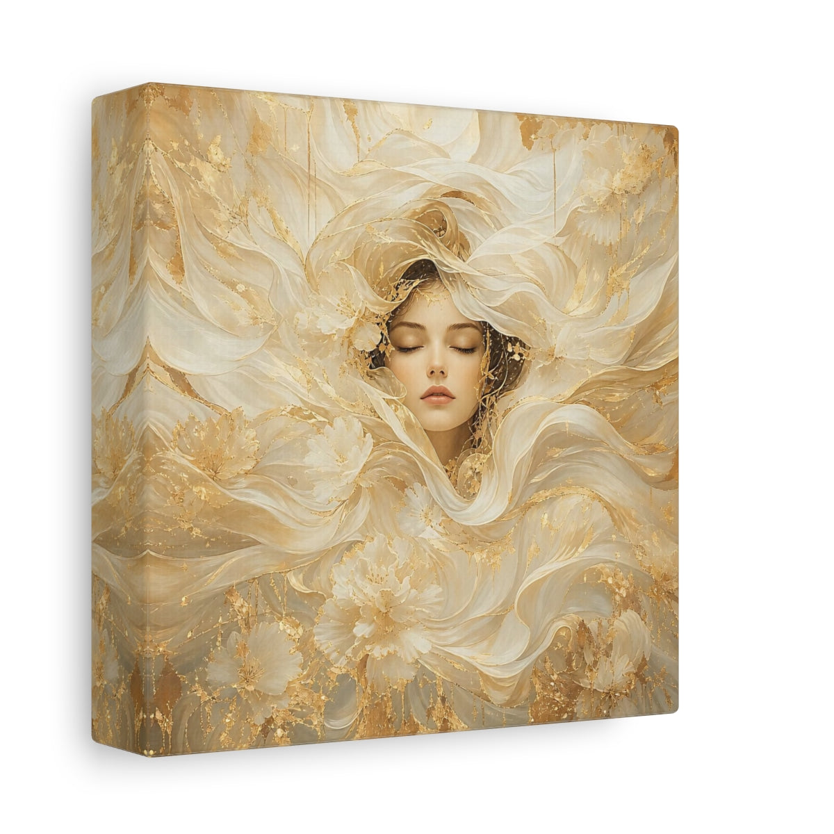Side Mockup 2. Fairytale Ethereal Woman Golden White Woman shown as stretched canvas wall art