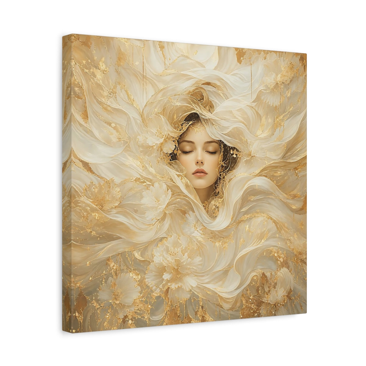 Side Mockup 6. Fairytale Ethereal Woman Golden White Woman shown as stretched canvas wall art