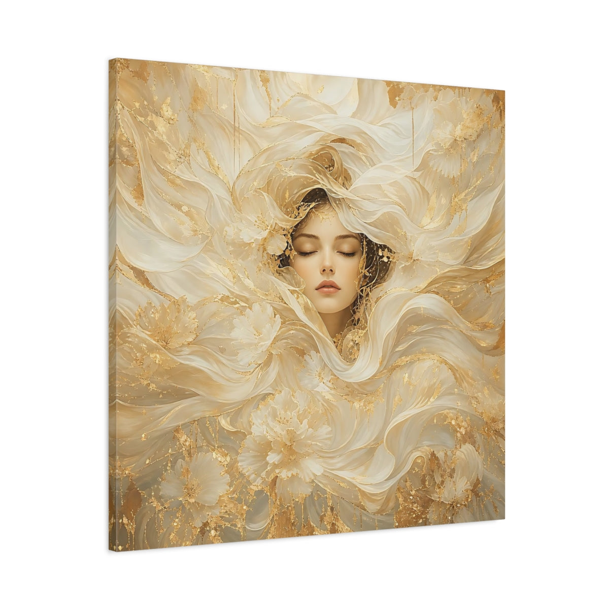 Main Mockup. Fairytale Ethereal Woman Golden White Woman shown as stretched canvas wall art