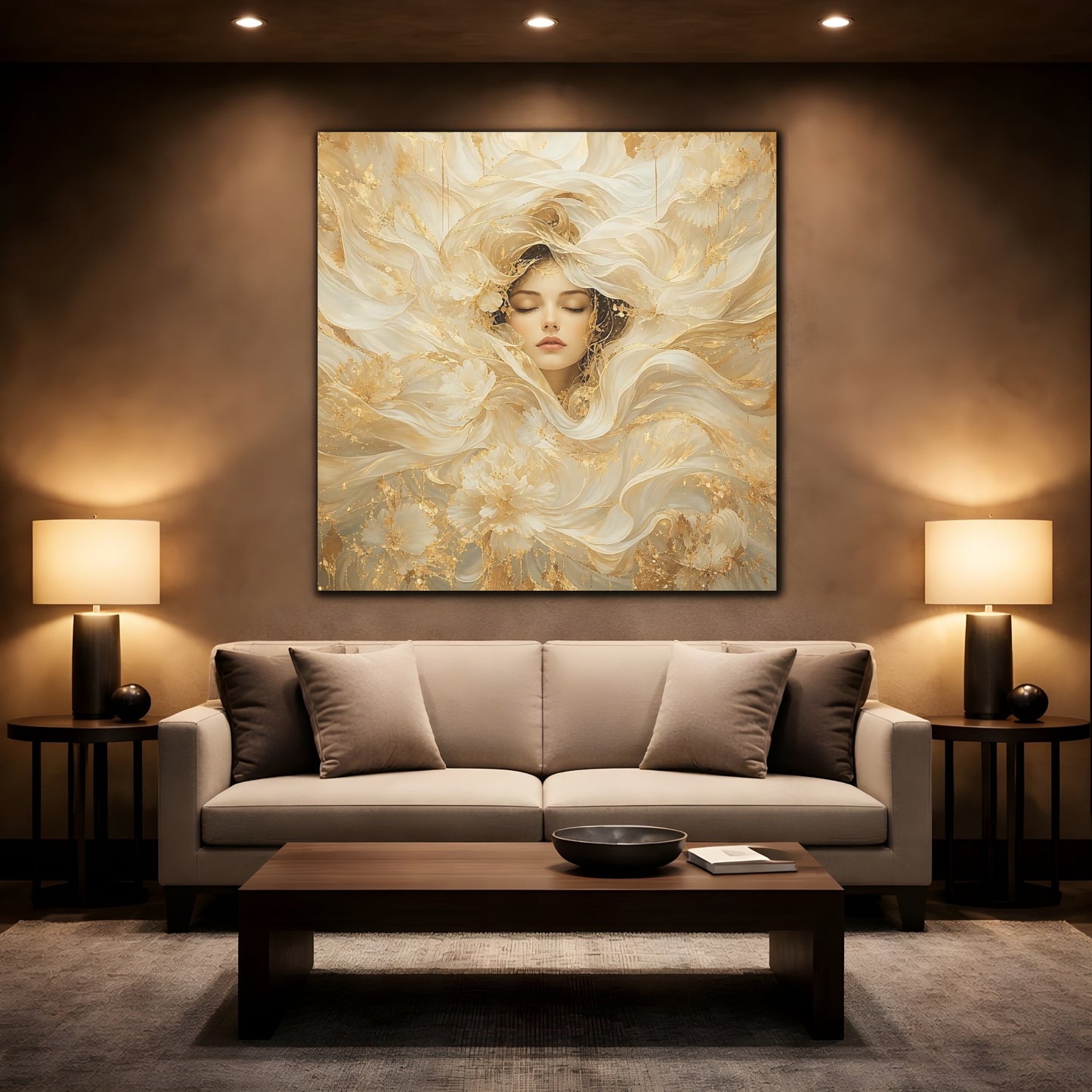 Mockup 2. Fairytale Ethereal Woman Golden White Woman shown as stretched canvas wall art