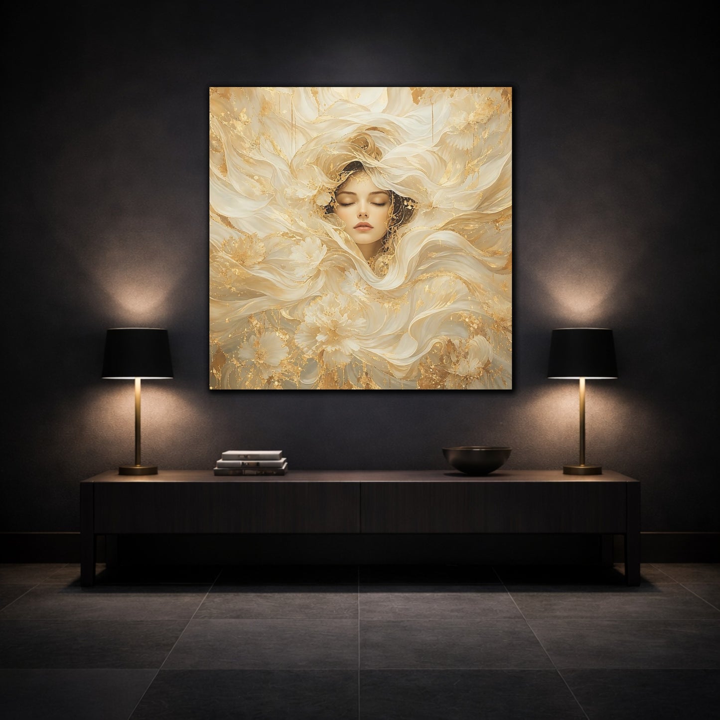 Mockup 3. Fairytale Ethereal Woman Golden White Woman shown as stretched canvas wall art