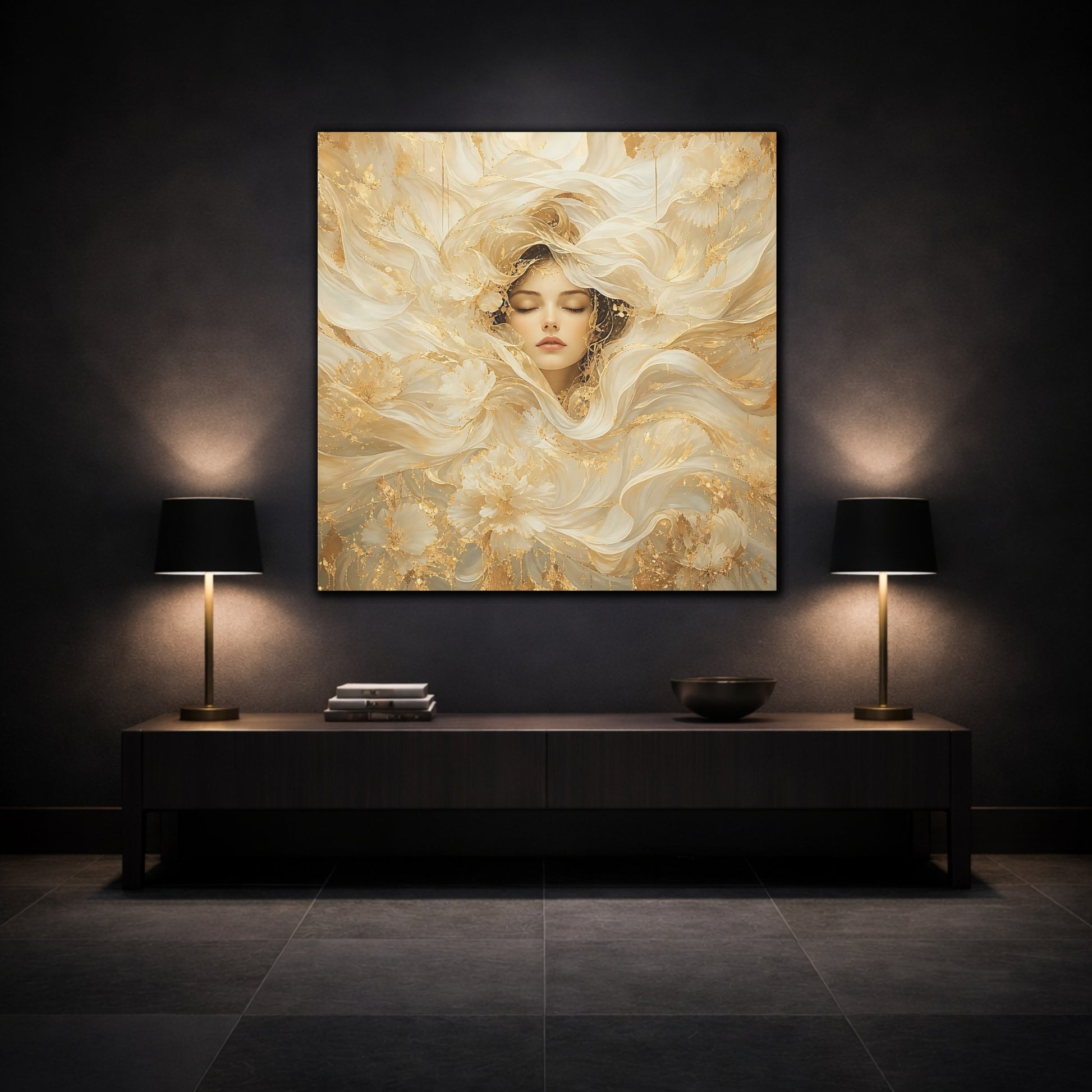 Mockup 3. Fairytale Ethereal Woman Golden White Woman shown as stretched canvas wall art