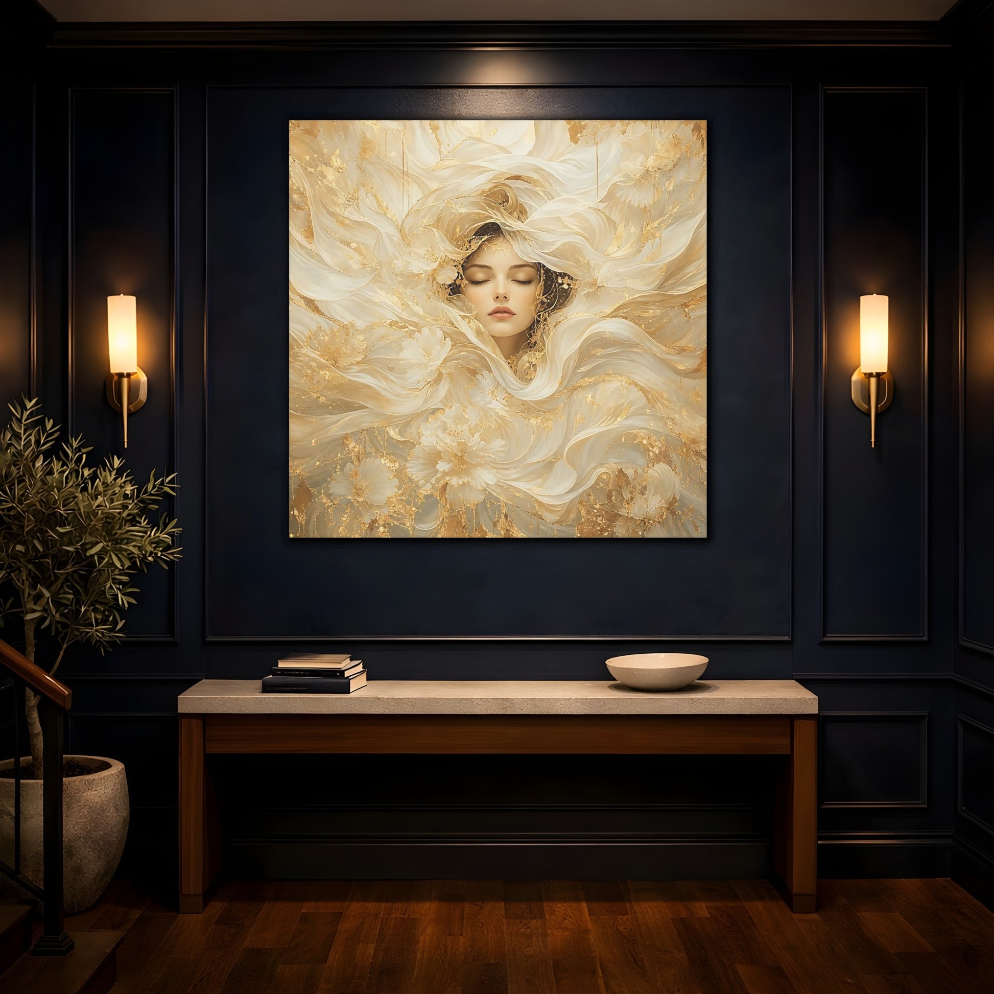 Mockup 4. Fairytale Ethereal Woman Golden White Woman shown as stretched canvas wall art