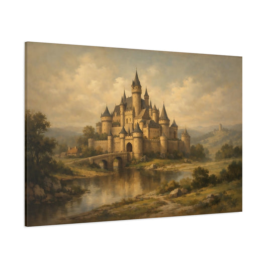 Main Mockup. Fairytale Fairytale Castle Brown And Gold Castle shown as stretched canvas wall art