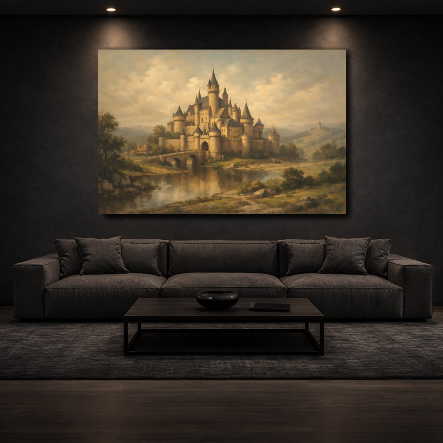 Mockup 2. Fairytale Fairytale Castle Brown And Gold Castle shown as stretched canvas wall art