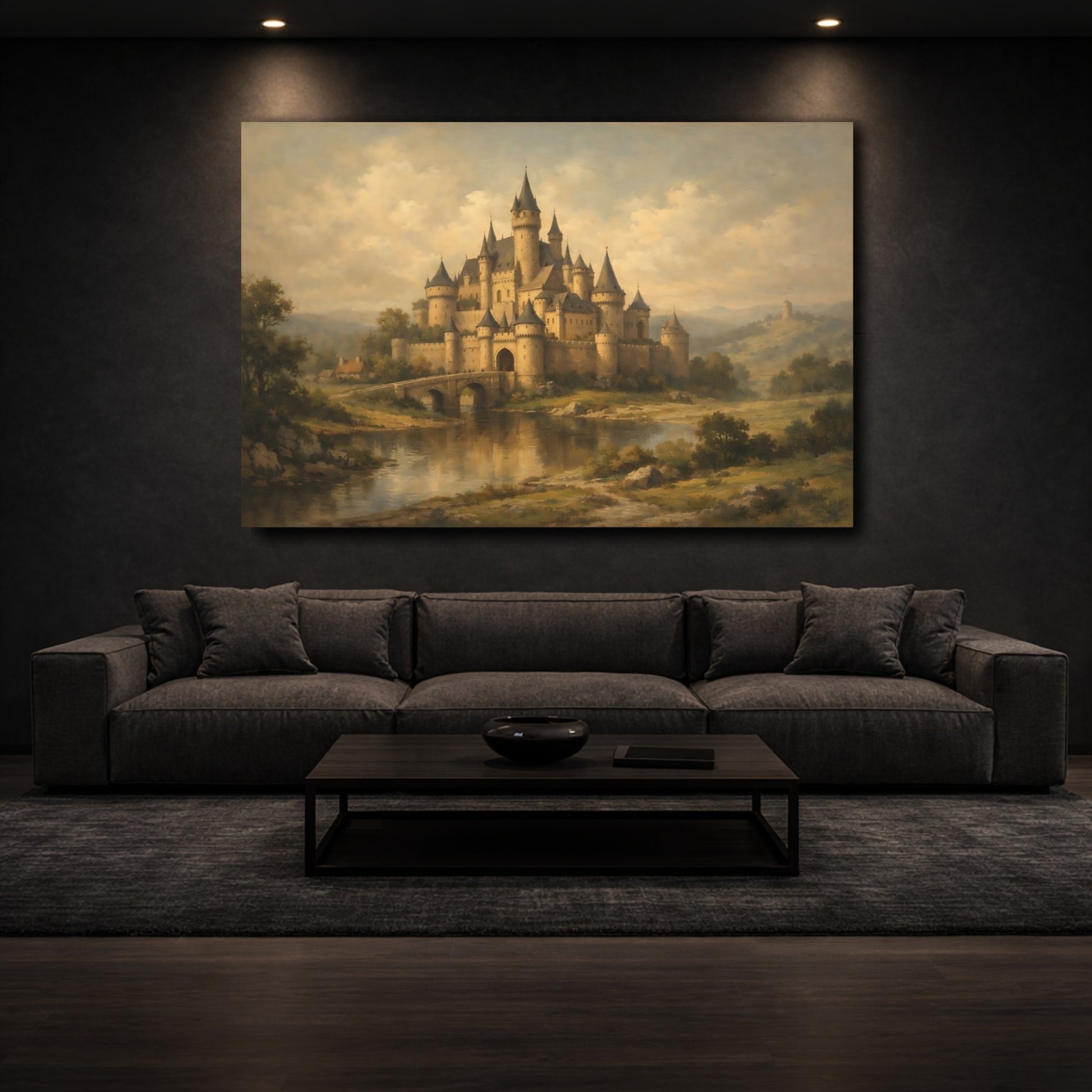 Mockup 2. Fairytale Fairytale Castle Brown And Gold Castle shown as stretched canvas wall art