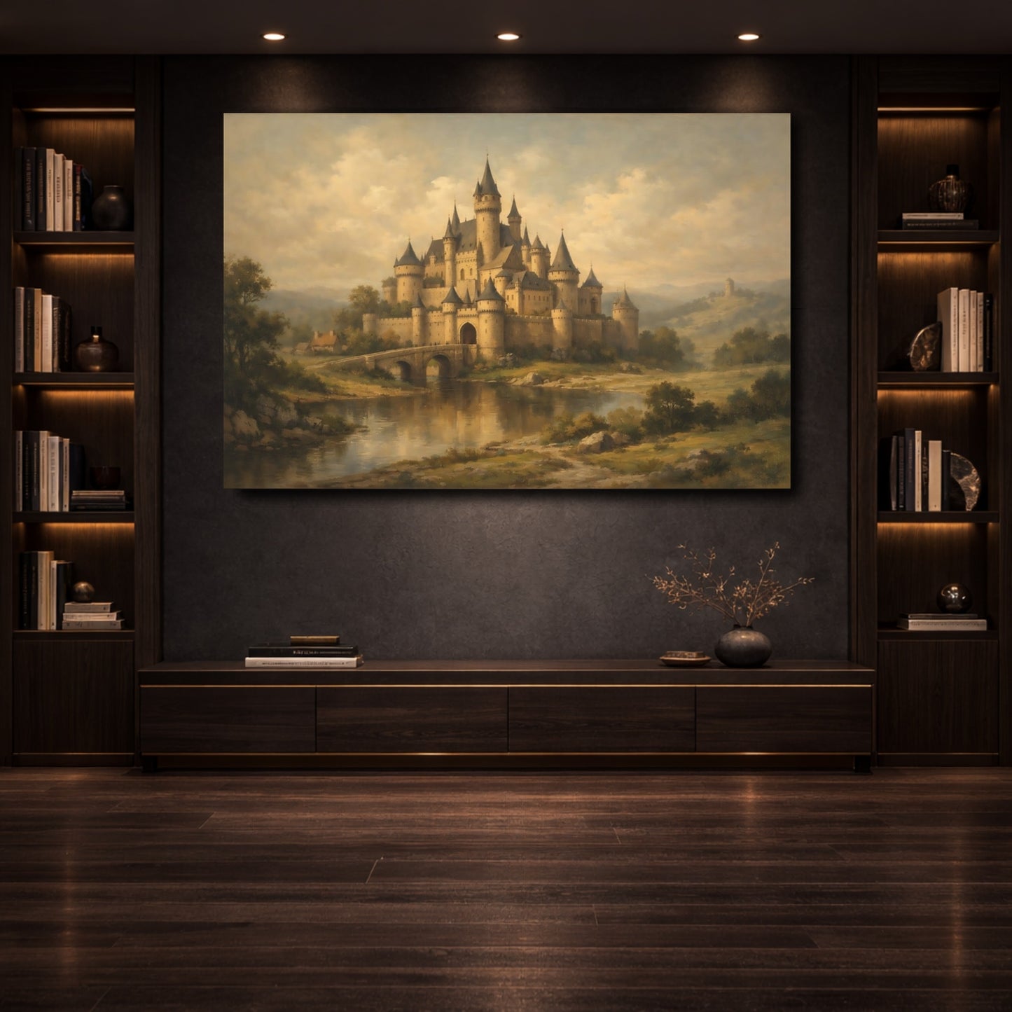 Mockup 3. Fairytale Fairytale Castle Brown And Gold Castle shown as stretched canvas wall art